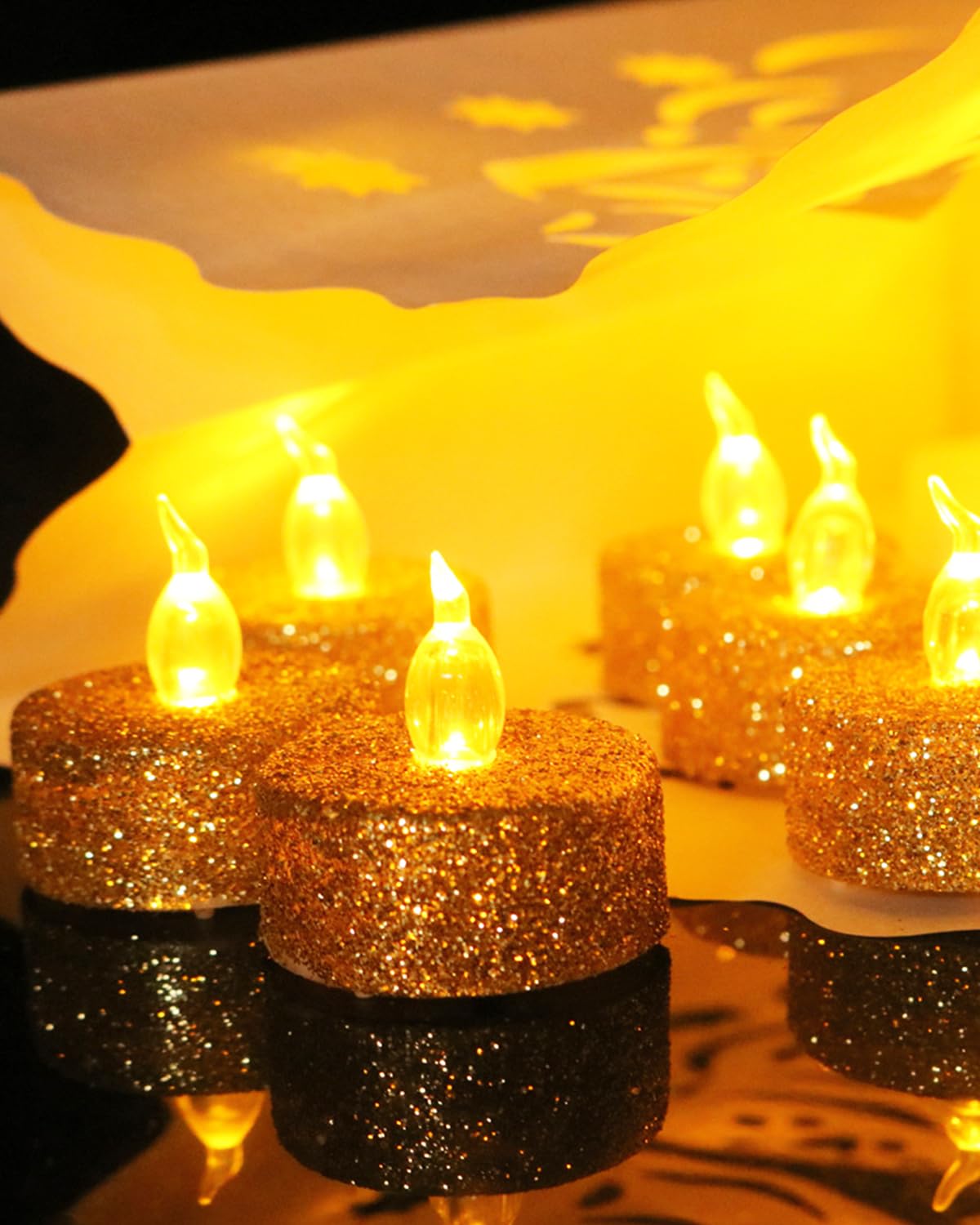 Oneihomm Gold Flameless Tealight Candles With Timer,Glitter Battery Operated Tea Lights For Event, Christmas Decorations,Anniver