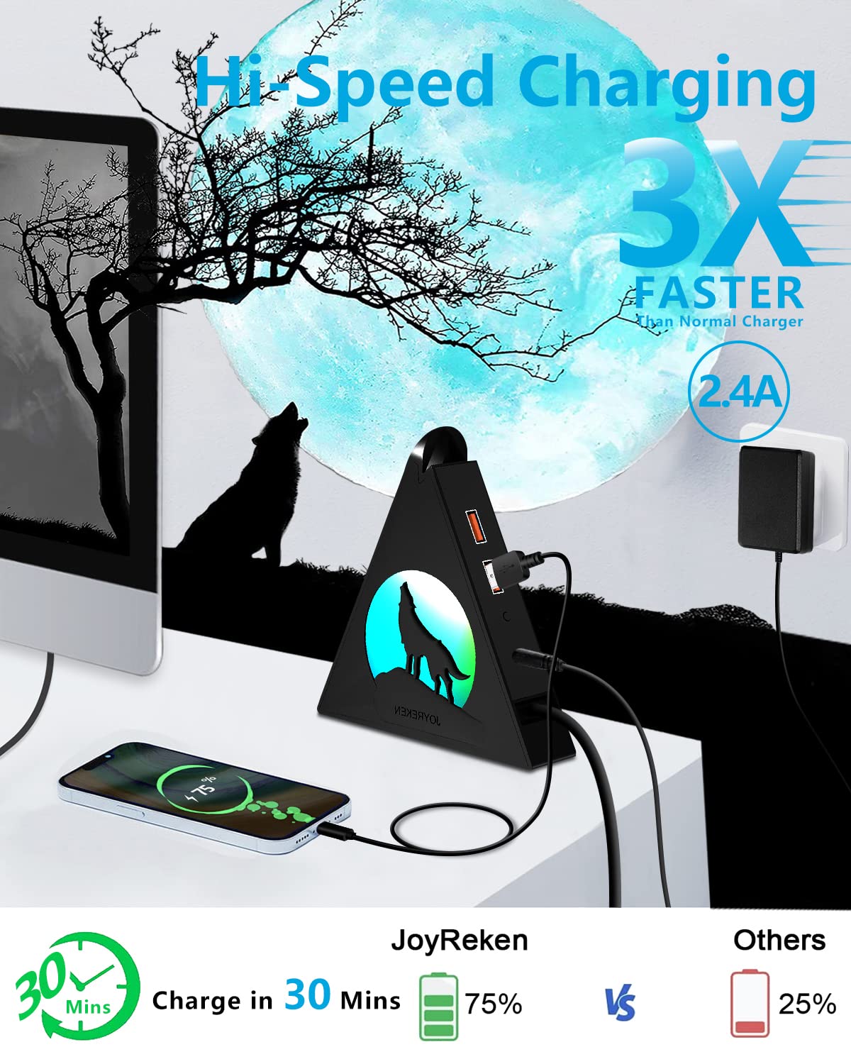 Powered Usb Hub 3.0, Joyreken Usb Hub With 4 Usb 3.0 Data Ports And 2 Usb Smart Charging Port, Usb Hub Tower Usb Hub 3.0 Powered With 12V/4A Power Adapter For Mac Pc Laptop Usb Flash Drives