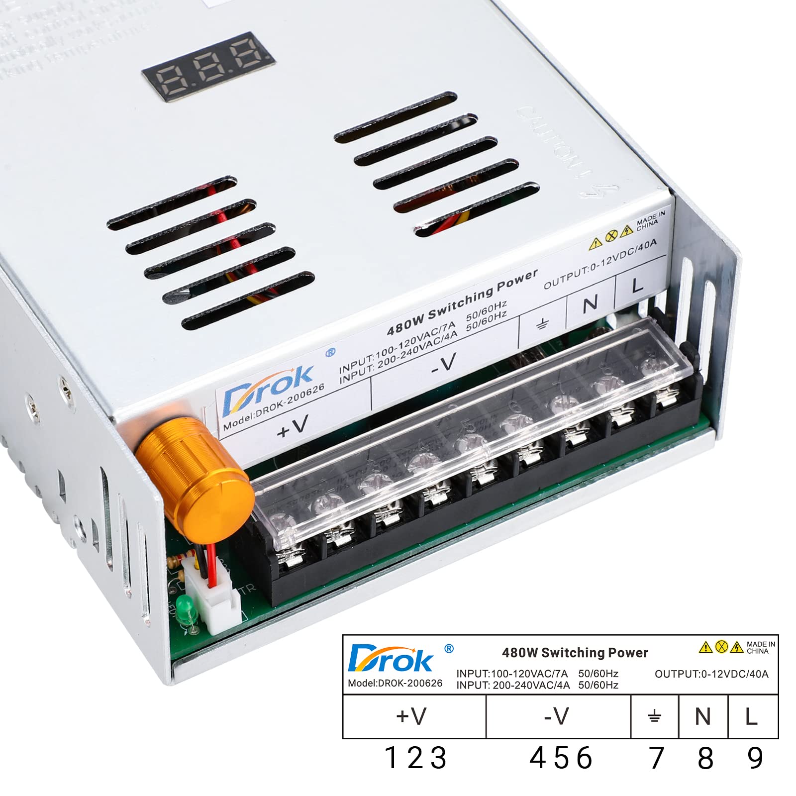 Drok 12V Power Supply, Ac 110V 220V To Dc 0 12V 40A 480W Buck Converter, Adjustable Variable Led Adapter Regulated 5V 6V 9V 12Vo