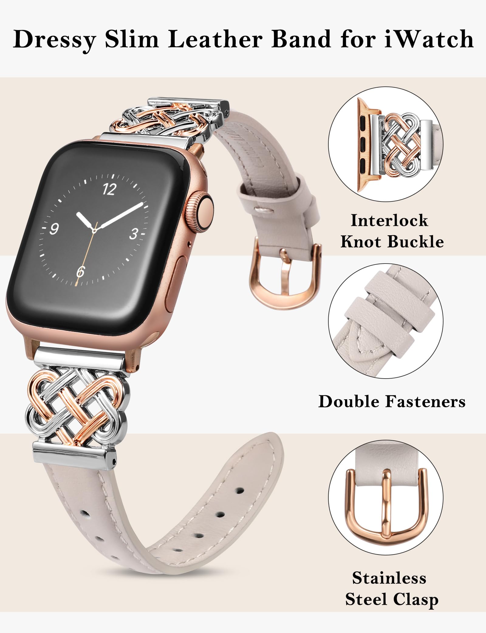 Toyouths Leather Band Compatible With Apple Watch Bands Women 42/44/45/46/49Mm Slim Thin Strap With Designer Interlock Knot For