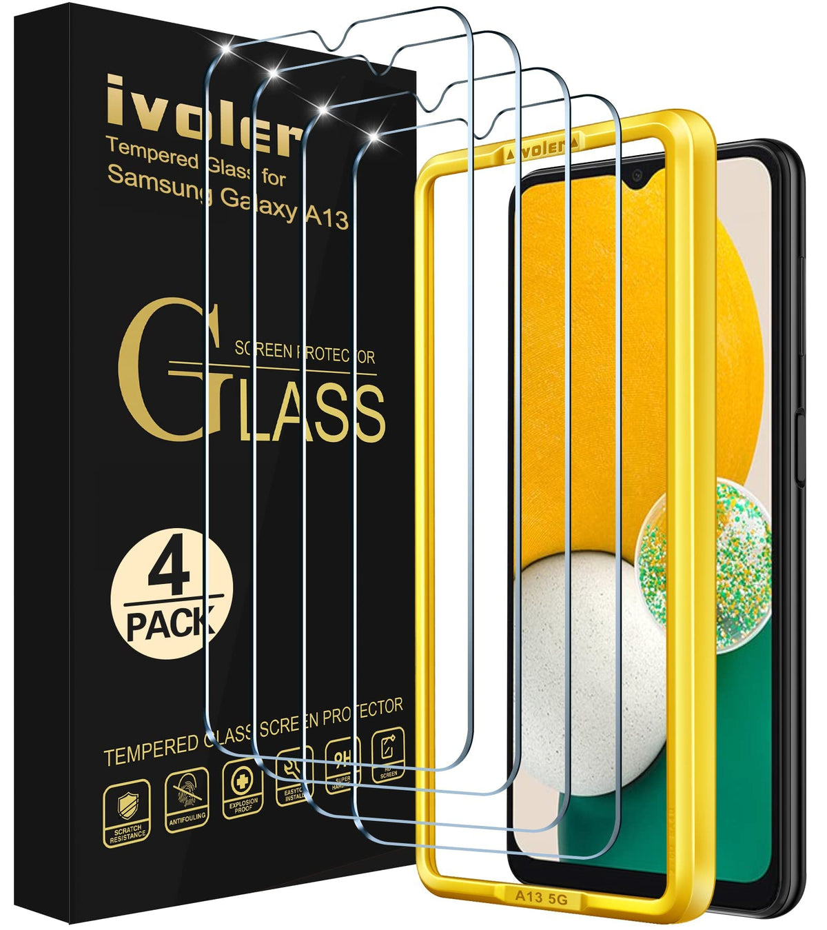 Ivoler 4 Pack Screen Protector Tempered Glass For Samsung Galaxy A13 5G / 4G / A04S With [Easy Installation Frame] 9H Hardness Anti Scratch, Bubble Free, 6.5 Inch
