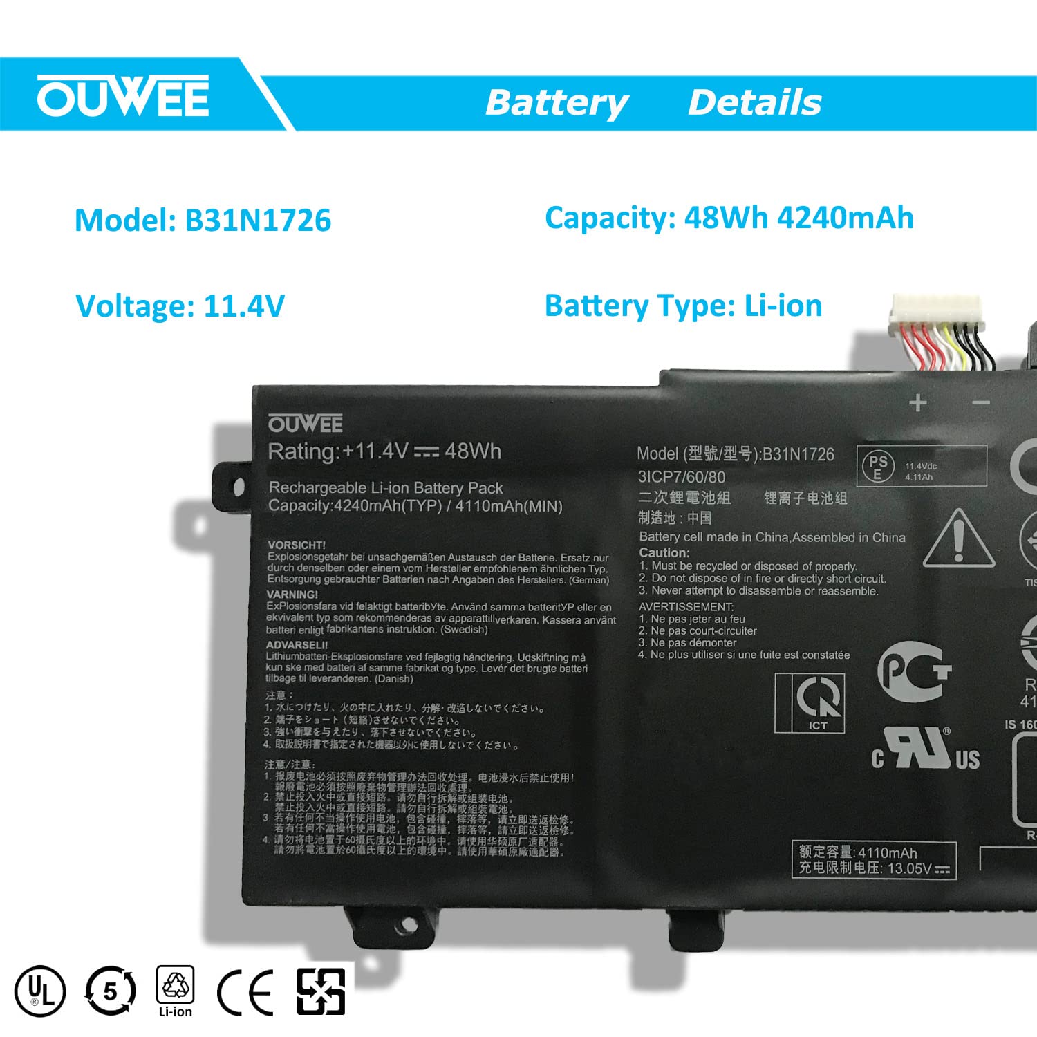 Ouwee B31N1726 Laptop Battery Compatible With Asus Fx80 Fx86 Tuf Fx504 Fx504Ge Fx504Gm Fx505 Fx505Dt Fx505Dy Fx505Ge Fx505Gd Fx5