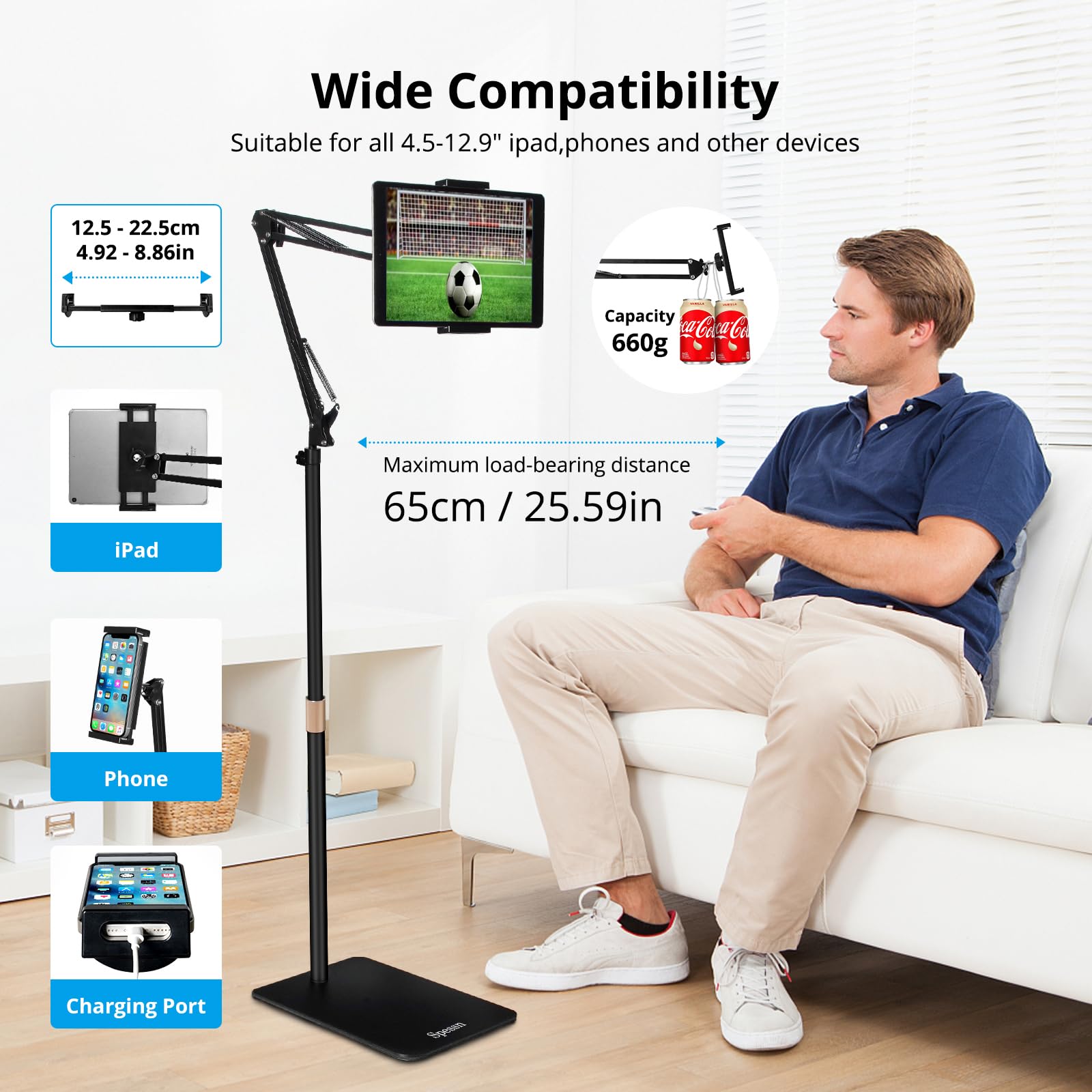 Spessn Tablet Floor Stand, Overhead Bed Phone Mount, Height Adjustable Universal Metal Tablet Holder, Phone Stand Compatible Wit