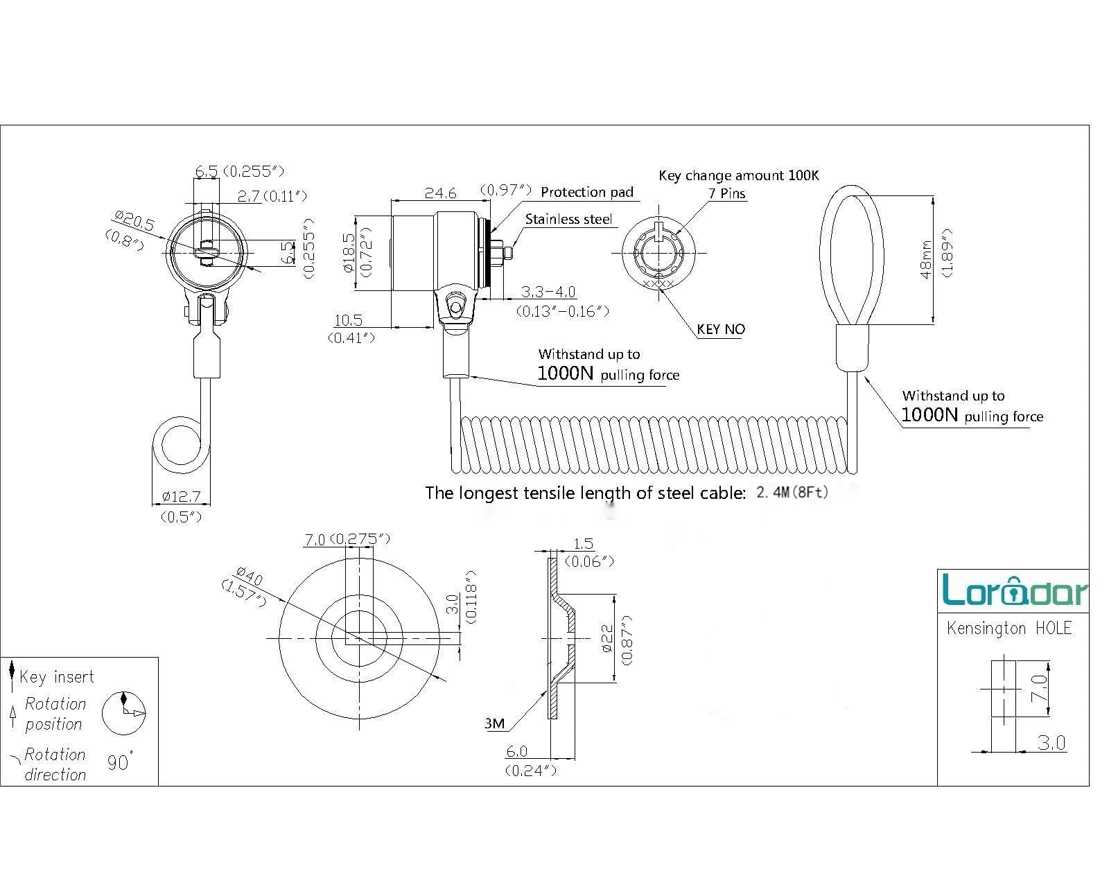 Loradar 8Feet 3Keys Security Retractable Cable Lock Portable Keyed Laptop Lock For Monitors, Laptops, Macbooks, Tablets, Ipad,Ma