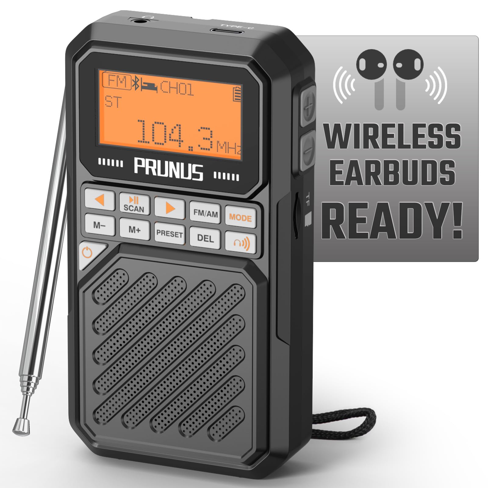 PRUNUS J525 Portable Radio AM FM with Bluetooth Earphone Output & Bluetooth Speaker Mode, Preset, 2500mAh Rechargeable, Micro SD