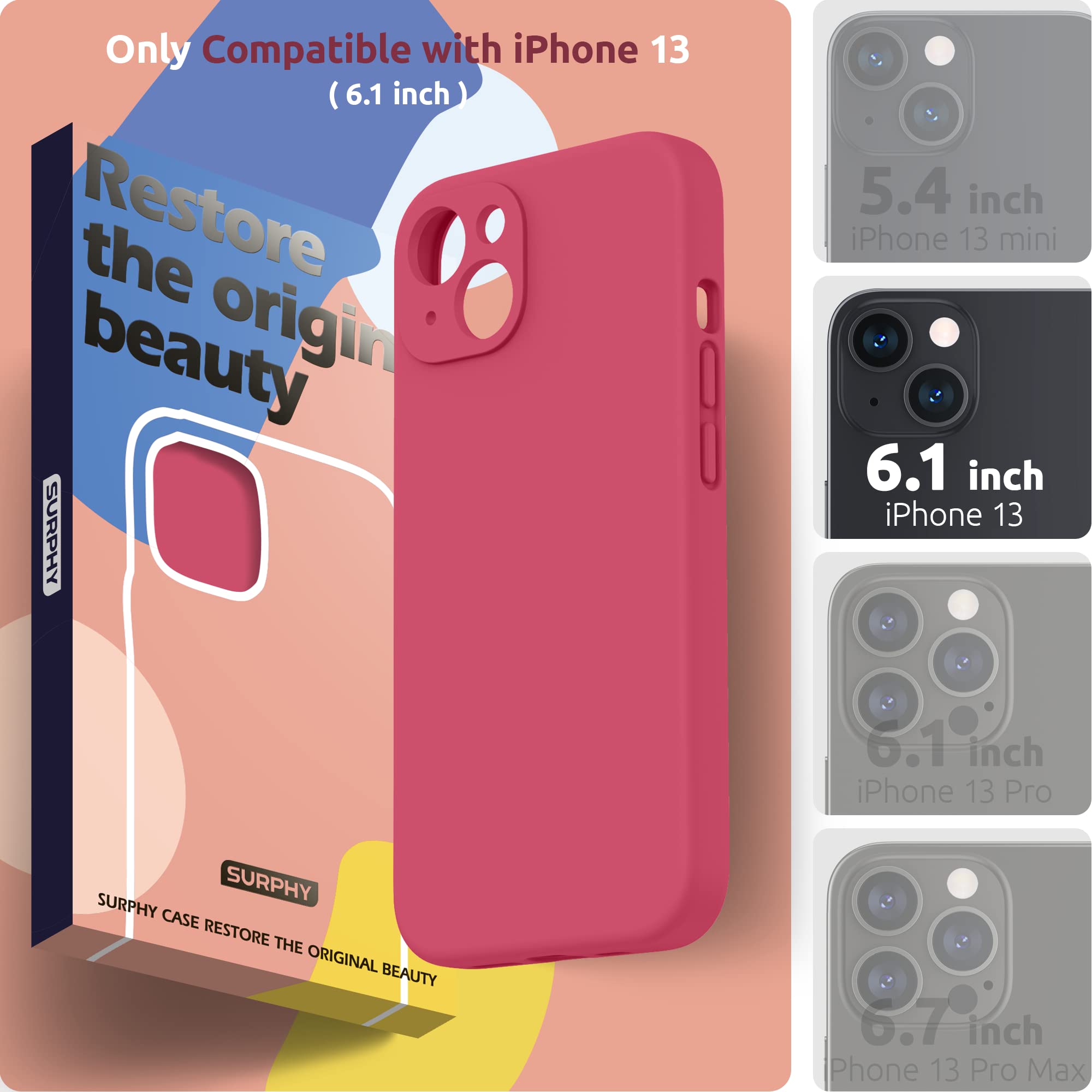 Surphy Compatible With Iphone 13 Case With Screen Protector, (Camera Protection + Soft Microfiber Lining) Liquid Silicone Phone
