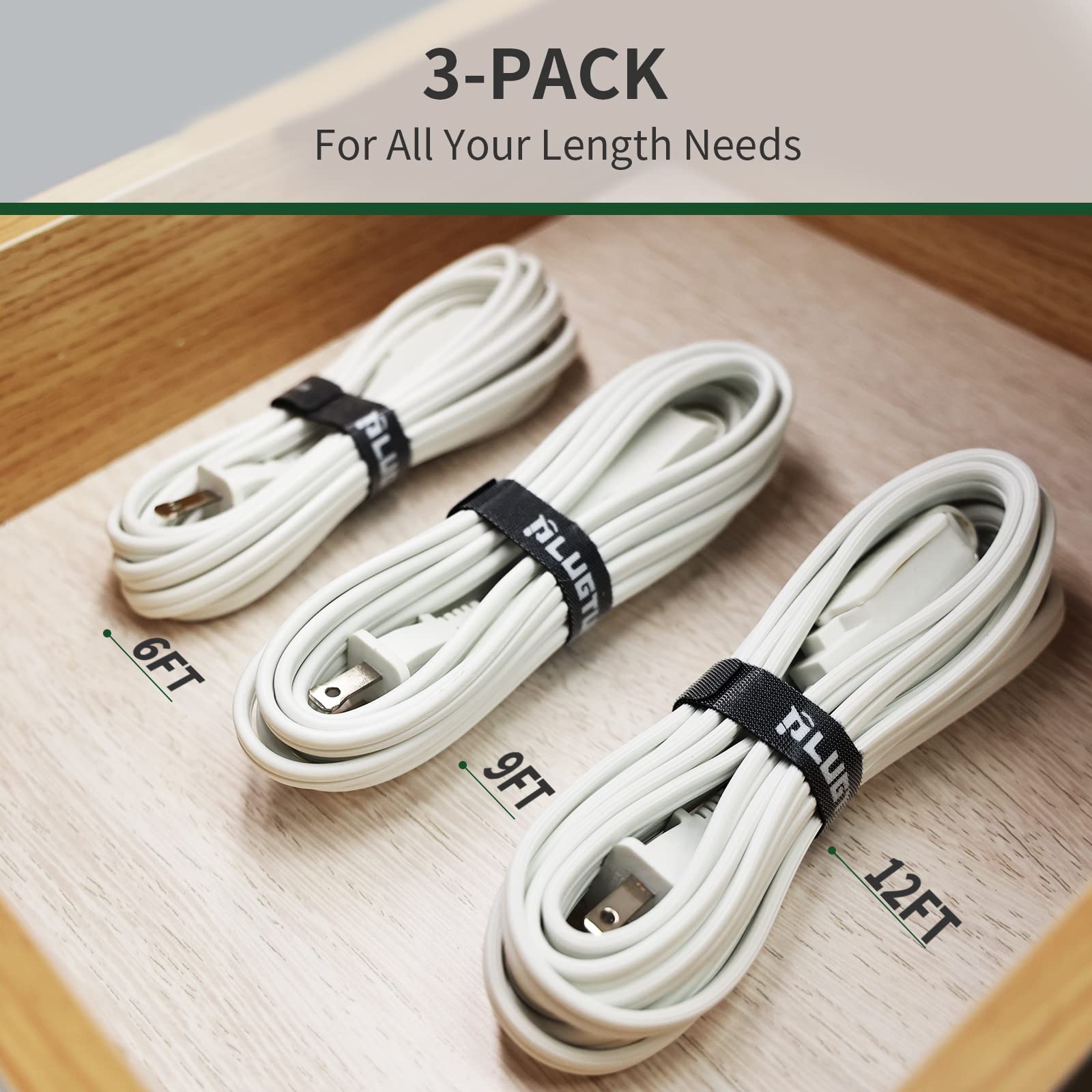 Plugtul 3 Pack Indoor Extension Cord (6/9/12Ft), 2 Prong White Extension Cord, 3 Polarized Outlets With Safety Cap Protect For H