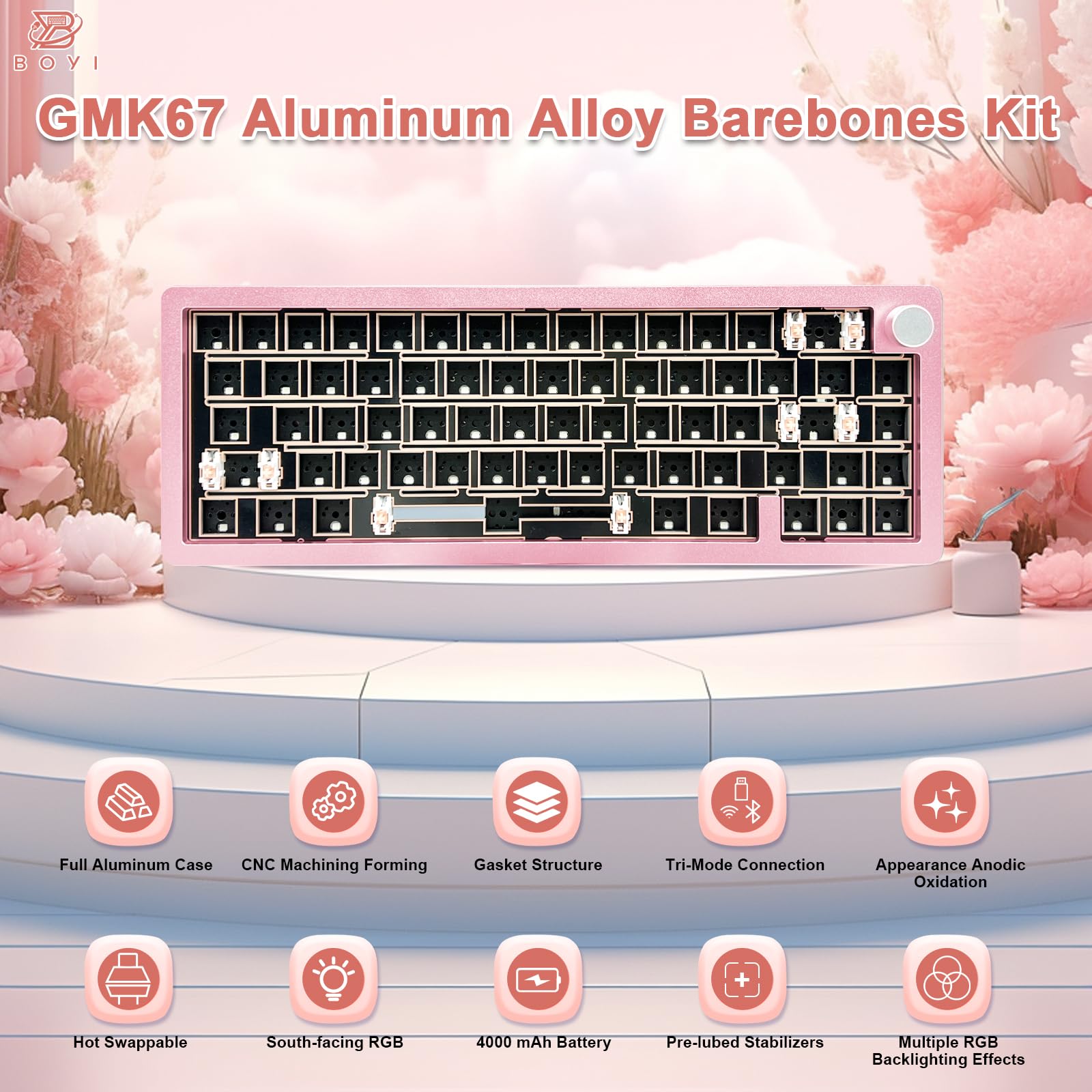 Boyi Gmk67 65% Aluminum Alloy Keyboard Kit,Hot Swappable Bt5.0/2.4G/Type C Tri Mode Wireless Cnc Rgb Mechanical Keyboard Gasket