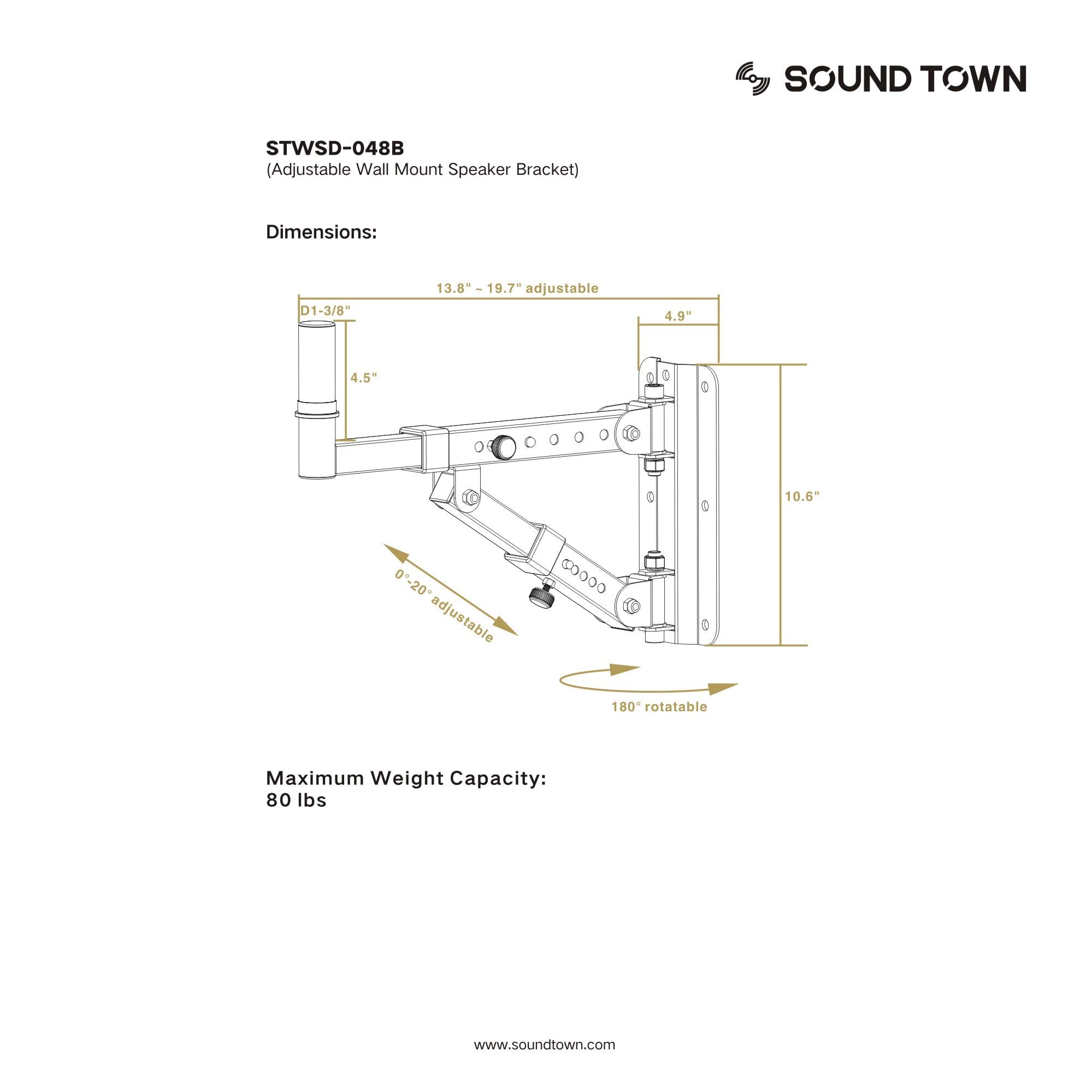 Sound Town 2 Pack Adjustable Wall Mount Speaker Brackets With 180 Degree Swivel (Stwsd 048B)