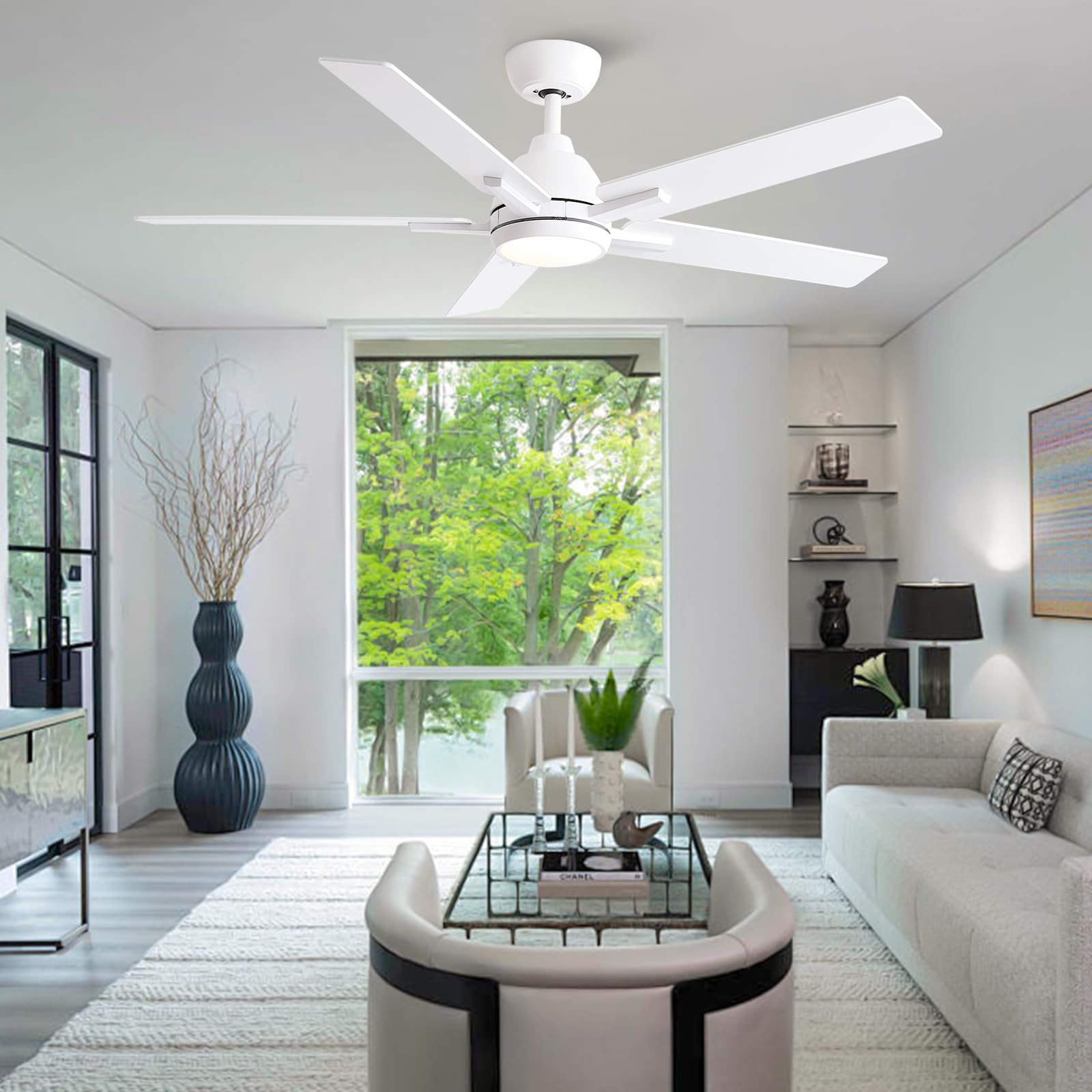 52 Inch Ceiling Fans With Lights And Remote,White Ceiling Fan With 5 Dual Sided Blades,Downrod,Quiet 6 Speed Reversible Dc Motor