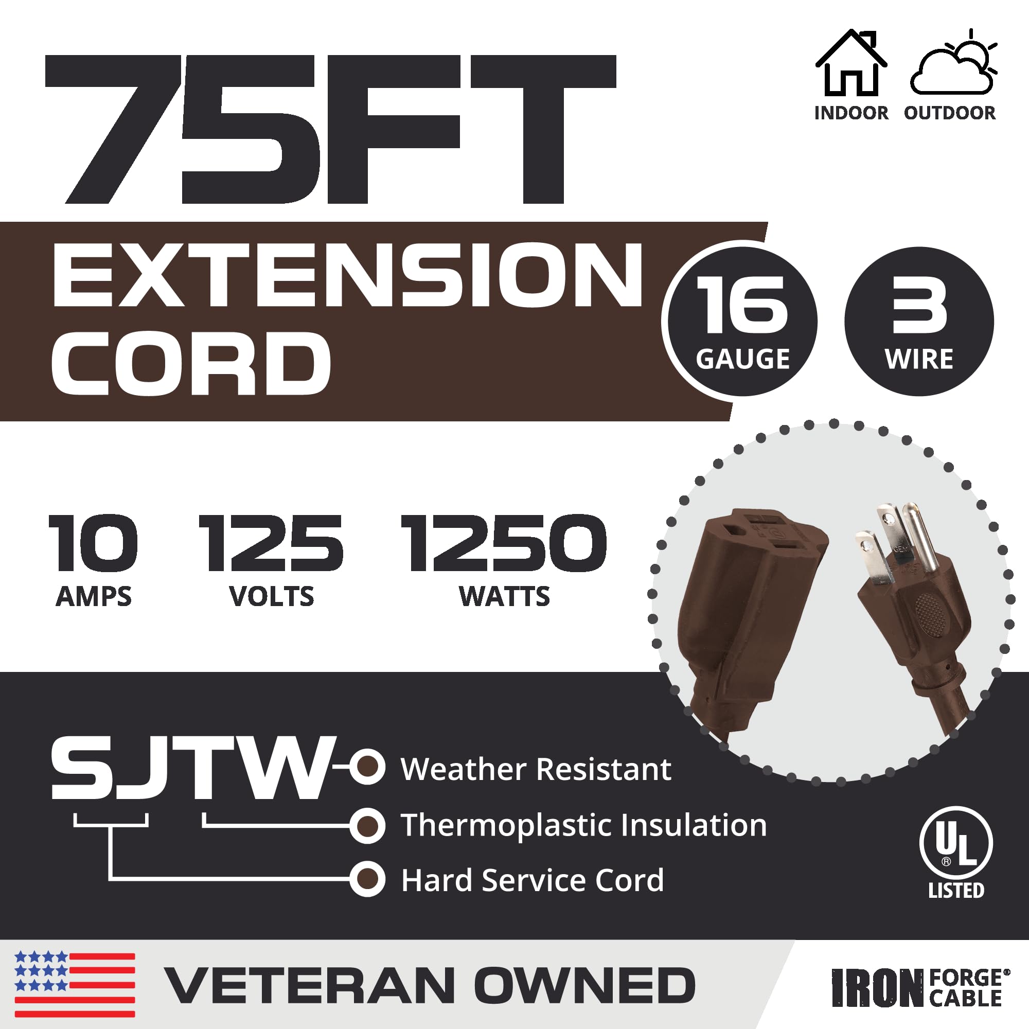 Iron Forge Cable Outdoor Extension Cord 75 Ft, 16/3 Sjtw 75 Foot Dark Brown Exterior Extension Cord 3 Prong, Weatherproof Heavy