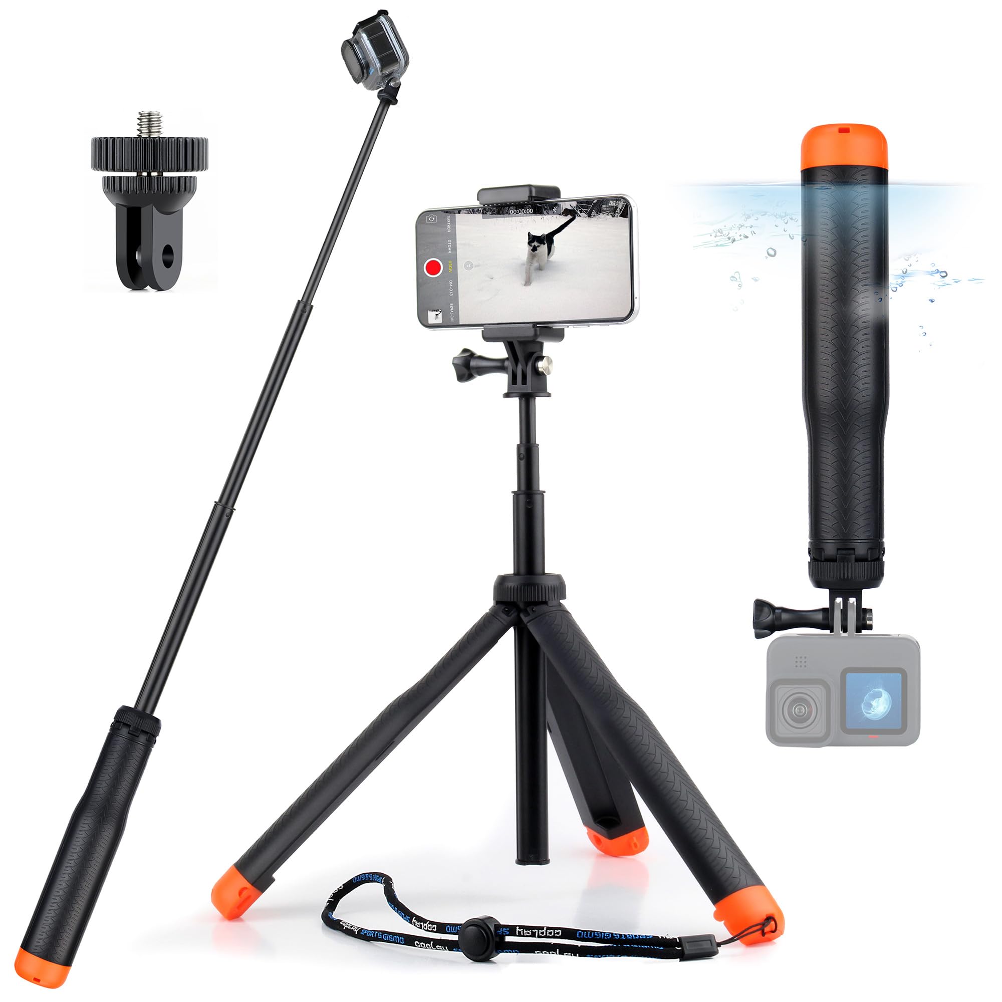 Gepuly 9'' 27''Waterproof Selfie Stick Floating Hand Grip Tripod For Gopro Hero 13 12 11 10 9 8 7 6 5 4 3 Fusion, Max, Most Action Cameras Used As Floating Tripod, Hand Grip, Selfie Stick,Tripod Stand