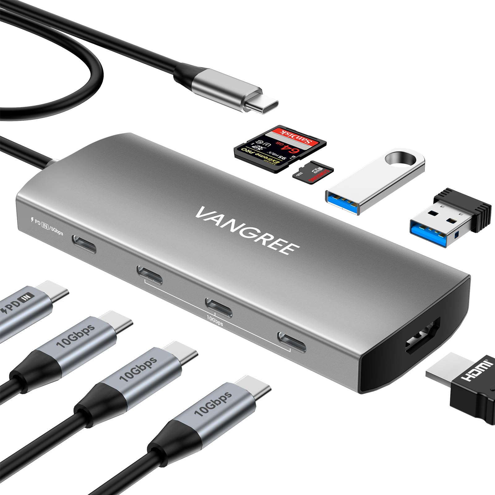 Usb C To Usb C Hub 3 Usb 3.2 Gen 2 Ports With 10Gbps, 4K@60Hz Hdmi, 100W Pd, 2 Usb 3.0 & Sd/Tf Card Reader, Usb C Splitter For M