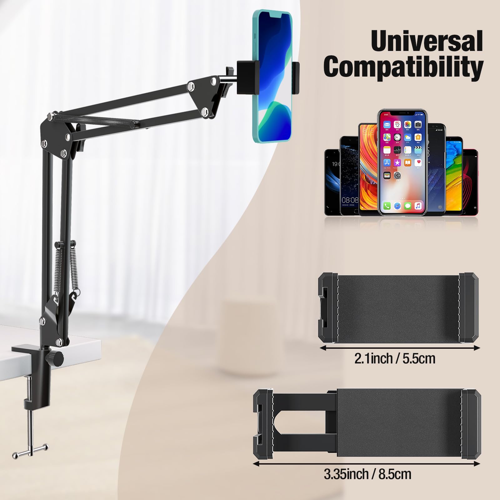 Overhead Phone Mount, Articulating Arm Cell Phone Holder With Usb Led Light, Flexible Phone Stand For Live Streaming,Video Recor