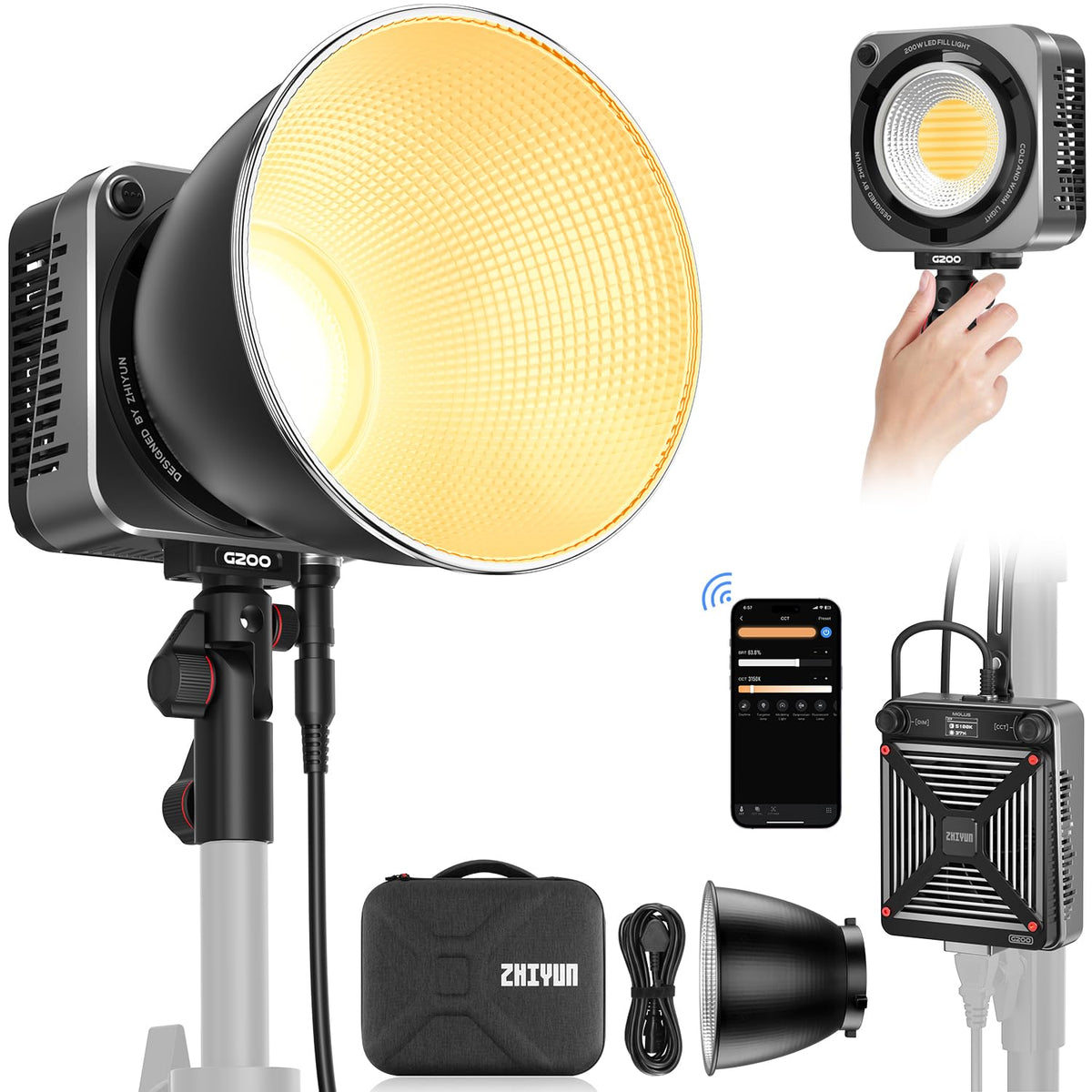 Zhiyun Molus G200 [Official] 200W Cob Video Light, Portable Continuous Output Lighting,2700-6500K 9460 Lux@1M, Led Photography L