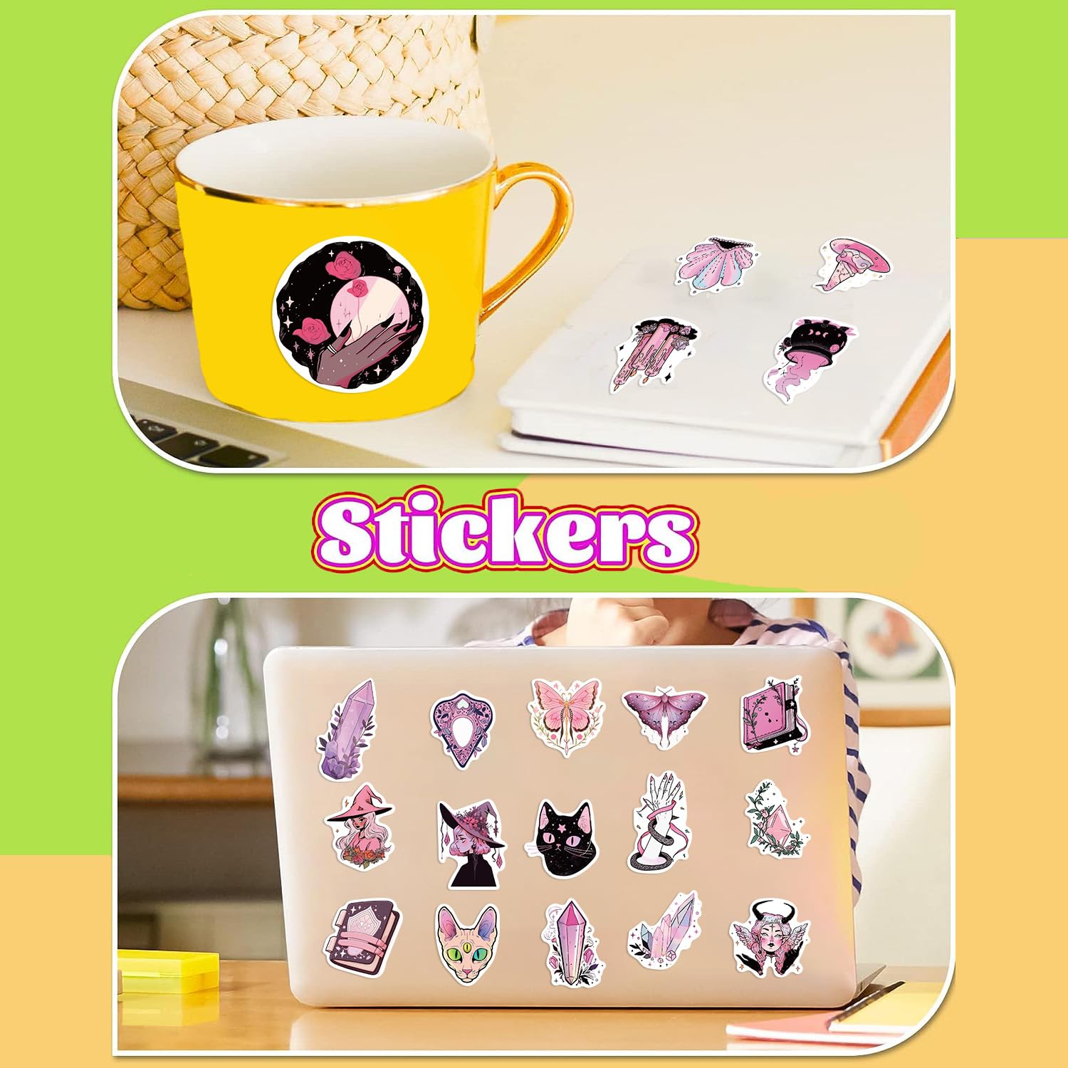 Yoksas Gothic Pink Witch Stickers   50Pcs Waterproof Pastel Goth Astrology Witchy Stickers For Scrapbook,Laptop, Water Bottle,No