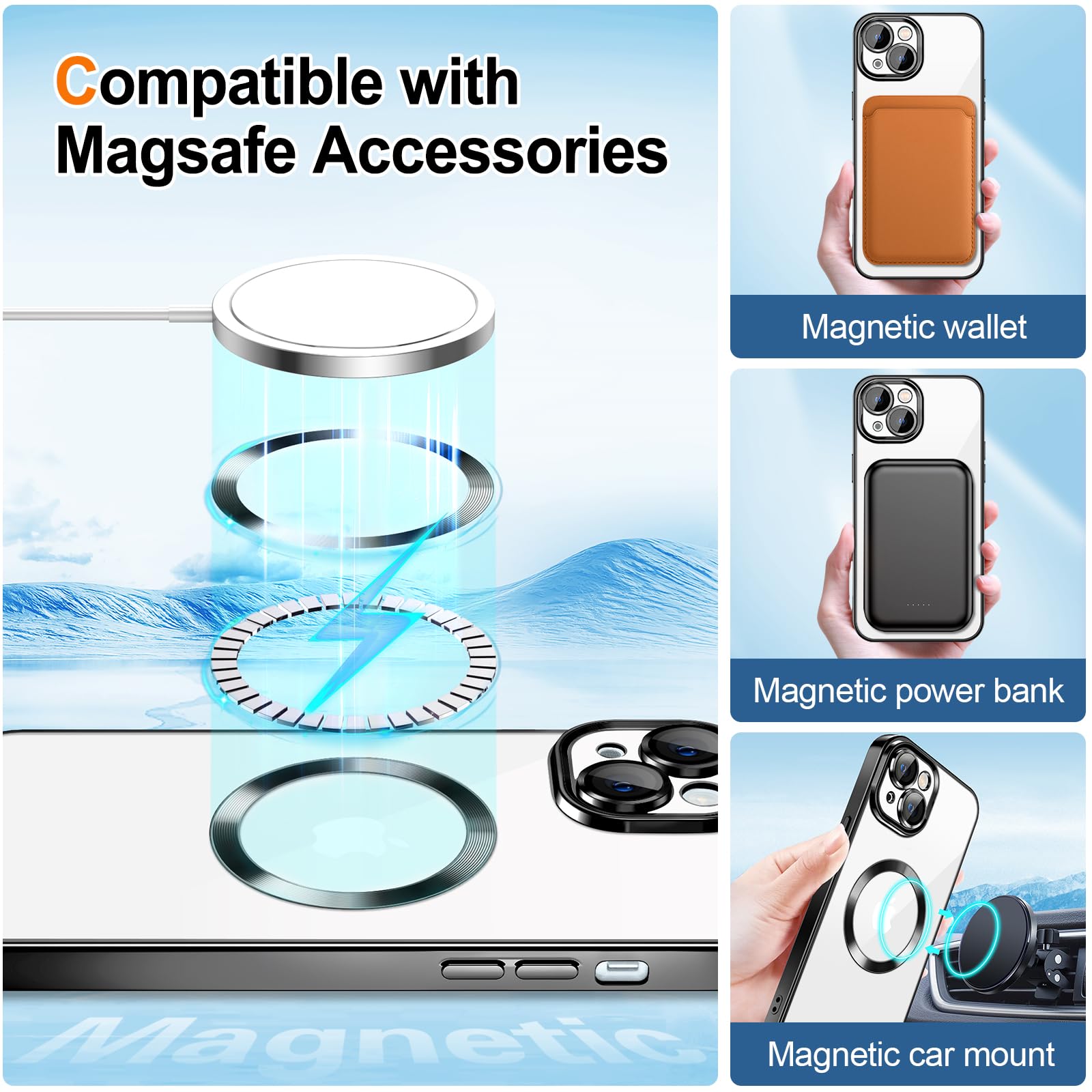 Hython For Iphone 14 Plus Case Clear Magnetic Glitter Phone Cases [Compatible With Magsafe] Full Camera Lens Protector Slim Grad
