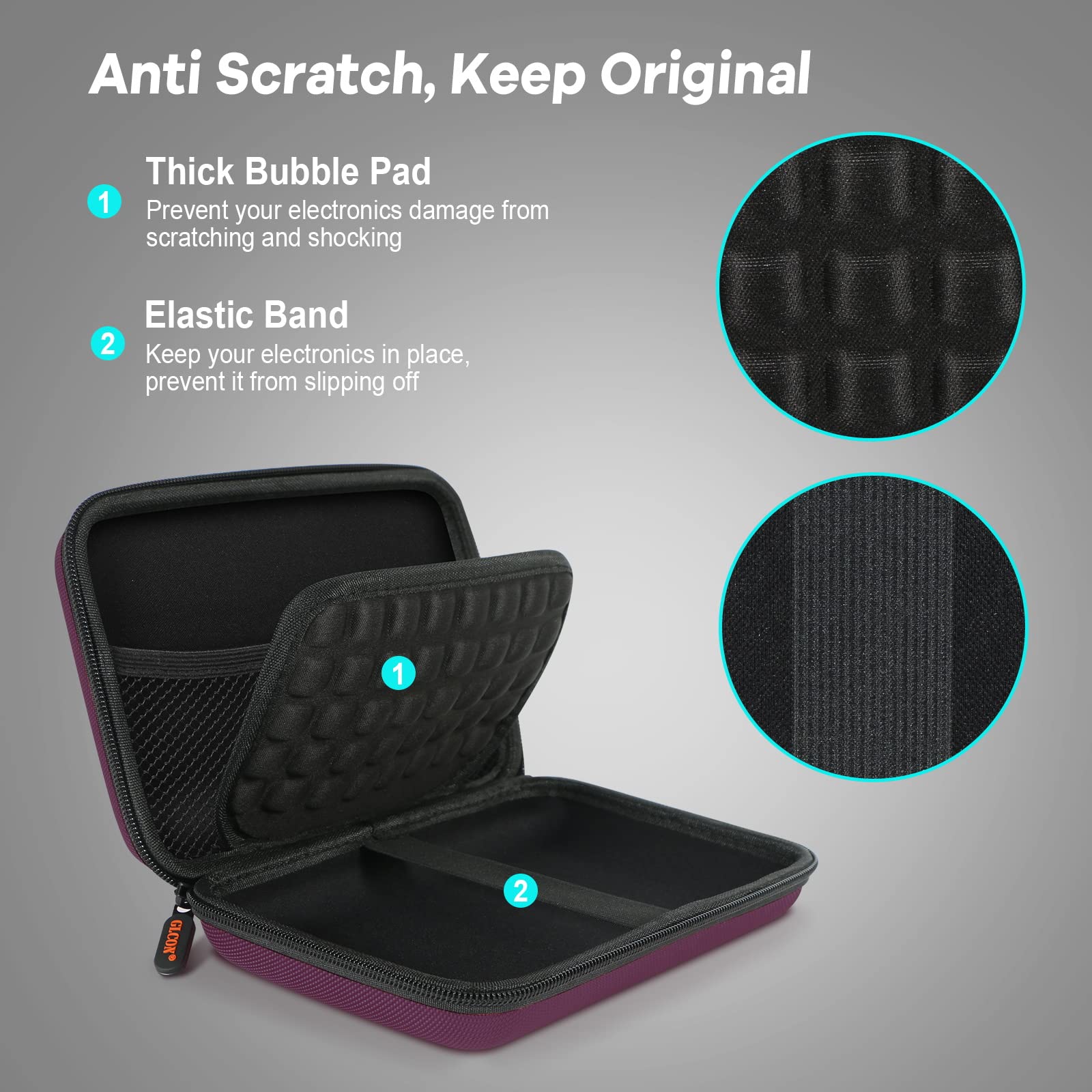 Glcon Deep Purple Carrying Case Hard Storage Case Electronics Organizer Tech Pouch For Hard Drive, Power Bank, Cell Phone, Charg