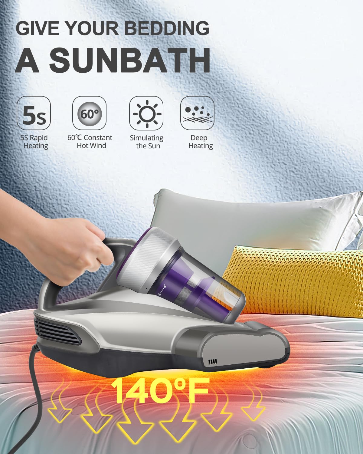Jimmy Mattress Vacuum Cleaner, Anti Allergen Bed Vacuum Cleaner With Uv C Light & High Heating Tech, 14Kpa Suction 480W Powerful