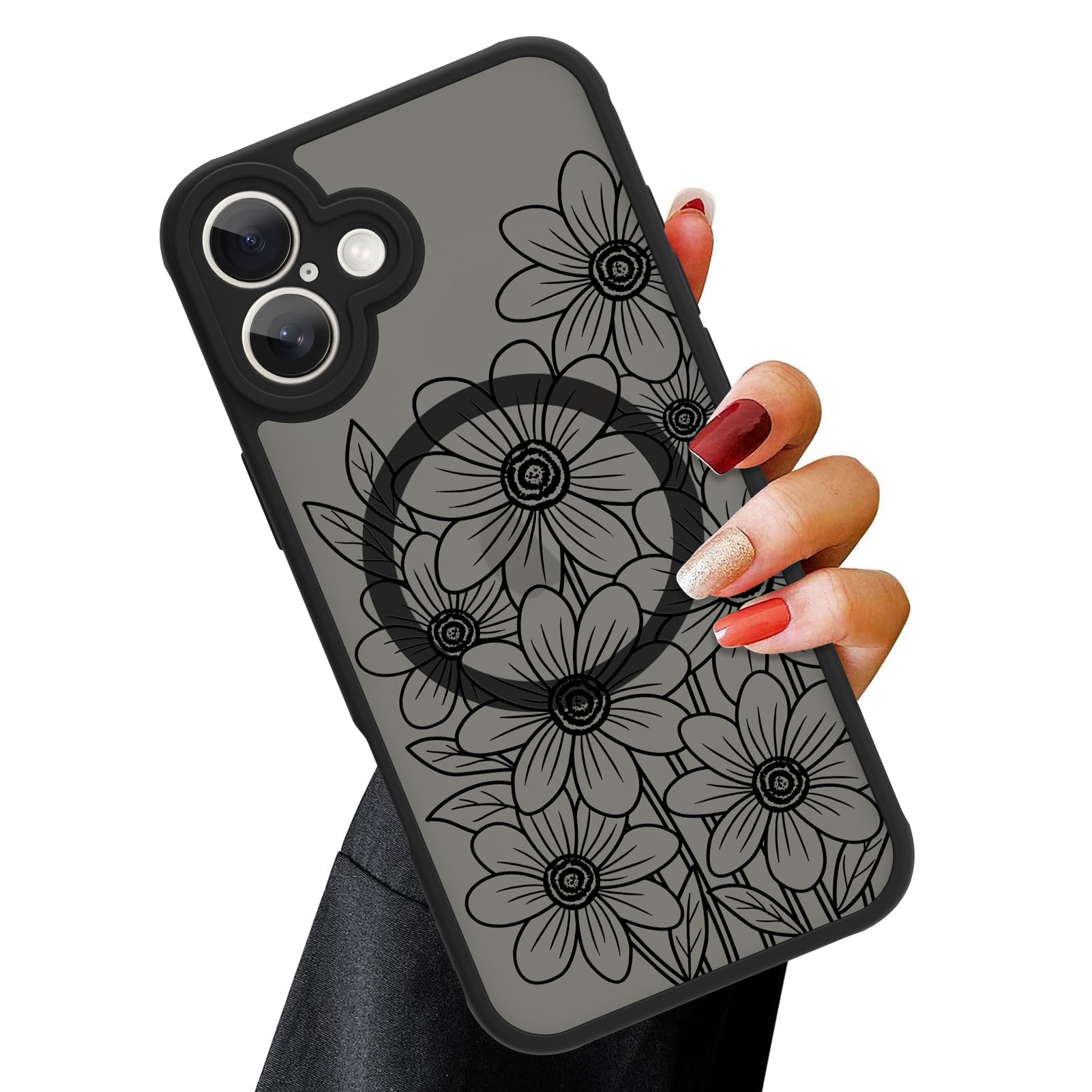 Ook Magnetic For Iphone 16 Plus Case Black Flower Sunflower Pattern [Compatible With Magsafe] Slim Translucent Matte Camera Lens
