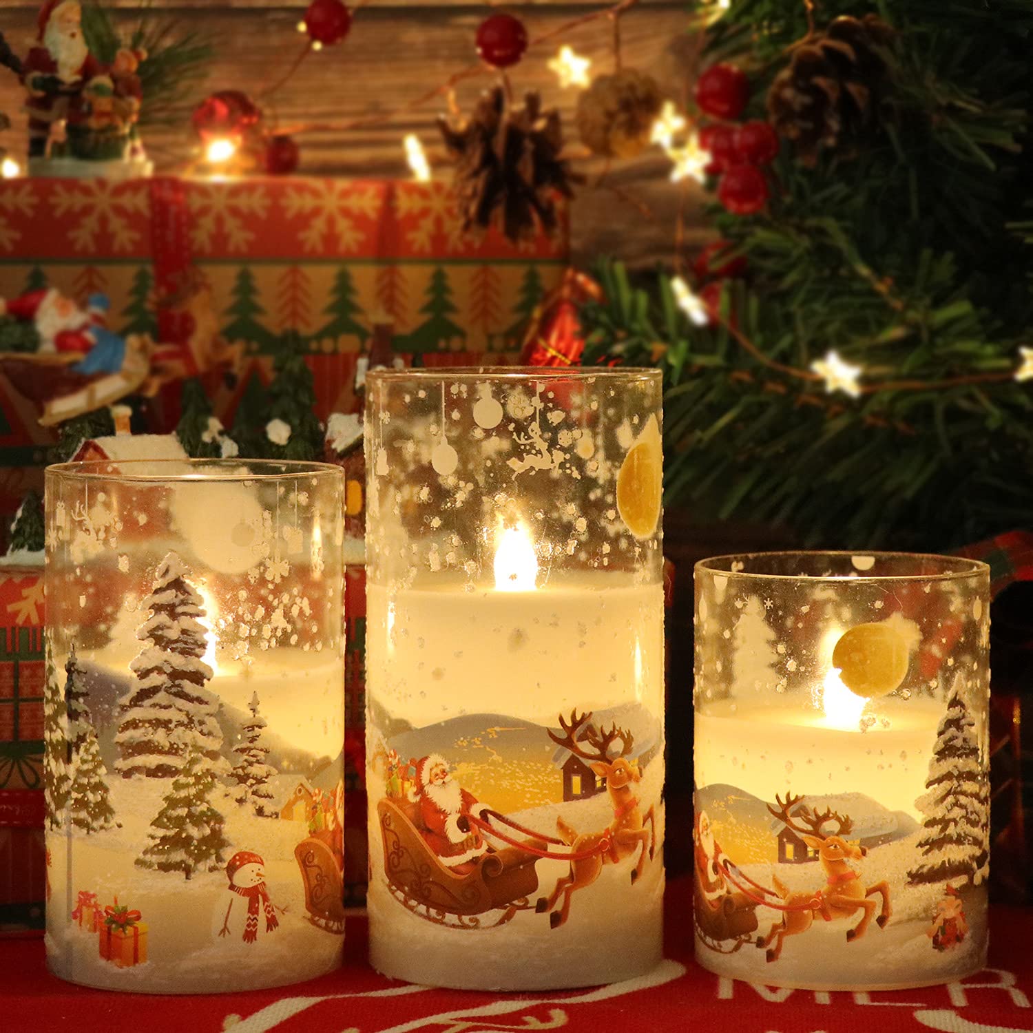 Eldnacele Santa Claus Glass Flameless Candle With Remote Timer Battery Operated Flickering Led Pillar Candles 3 Pack Warm White