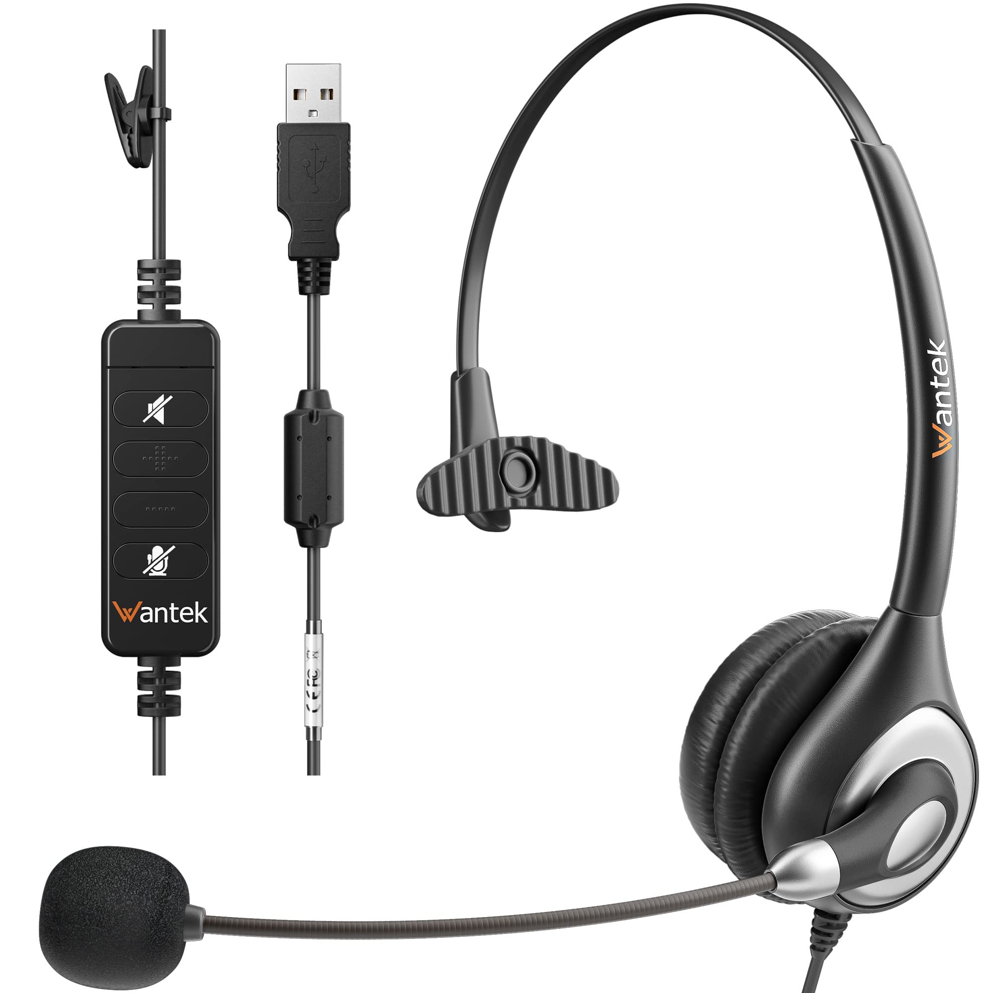 Wantek Corded Usb Headsets Mono With Noise Cancelling Mic And In Line Controls, Uc Business Headset For Skype, Softphone, Call C