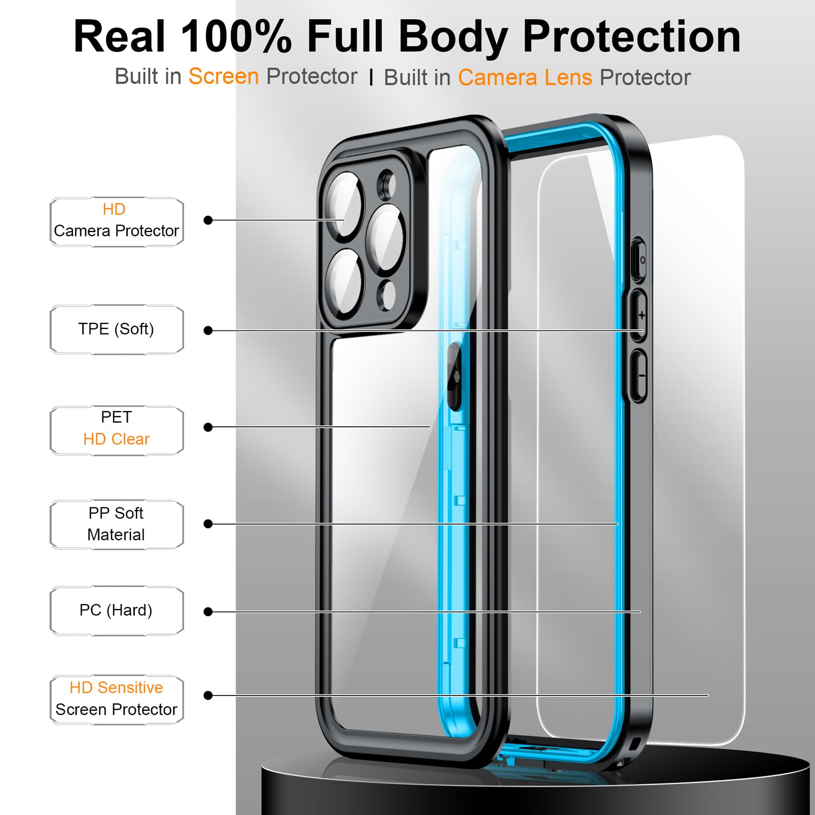 Temdan For Iphone 15 Pro Case Waterproof, [Built In Screen Protector][Ip68 Underwater][15Ft Military Dropproof][Dustproof][Real