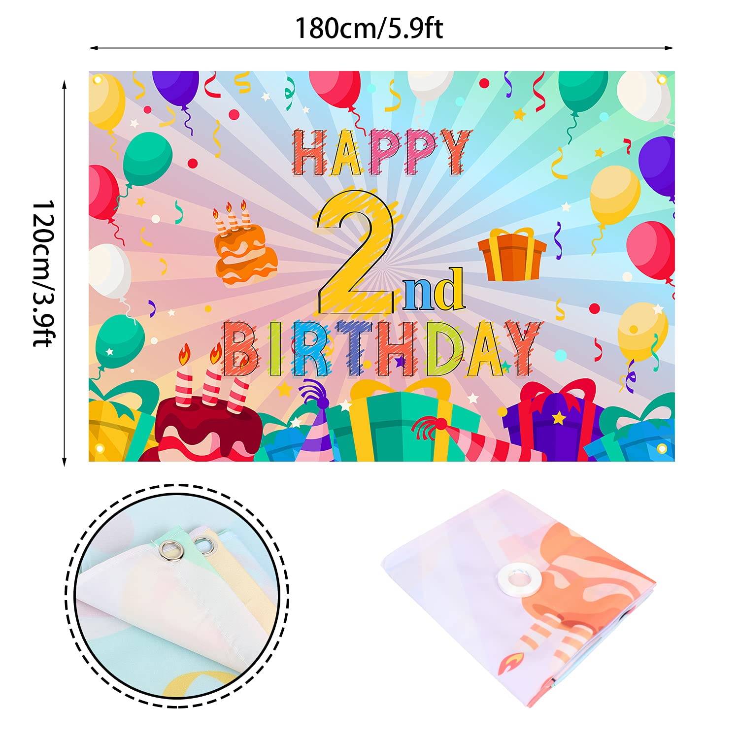 Happy 2Nd Birthday Colorful Banner Backdrop Rainbow Color Art 2 Years Old Party Background Decorations For Girls Boys Kids Bday