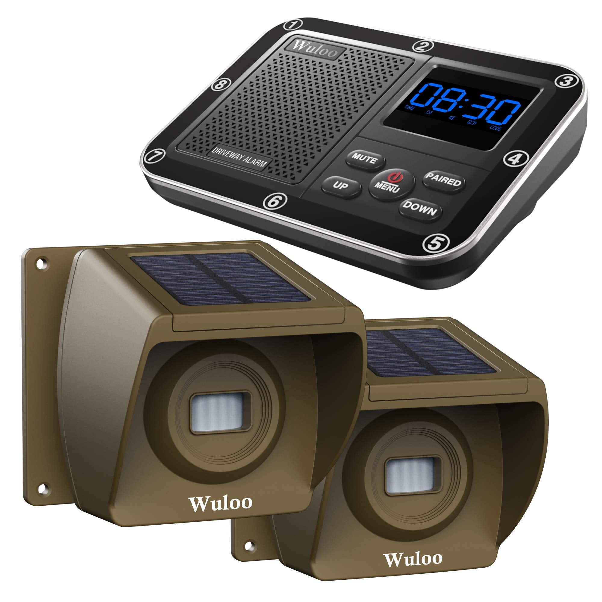 Solar Driveway Alarm Wireless Outside 1800Ft Range, Outdoor Motion Sensor & Detector Driveway Alert System With Rechargeable Battery/Weatherproof/Mute Mode(1&2 Brown)