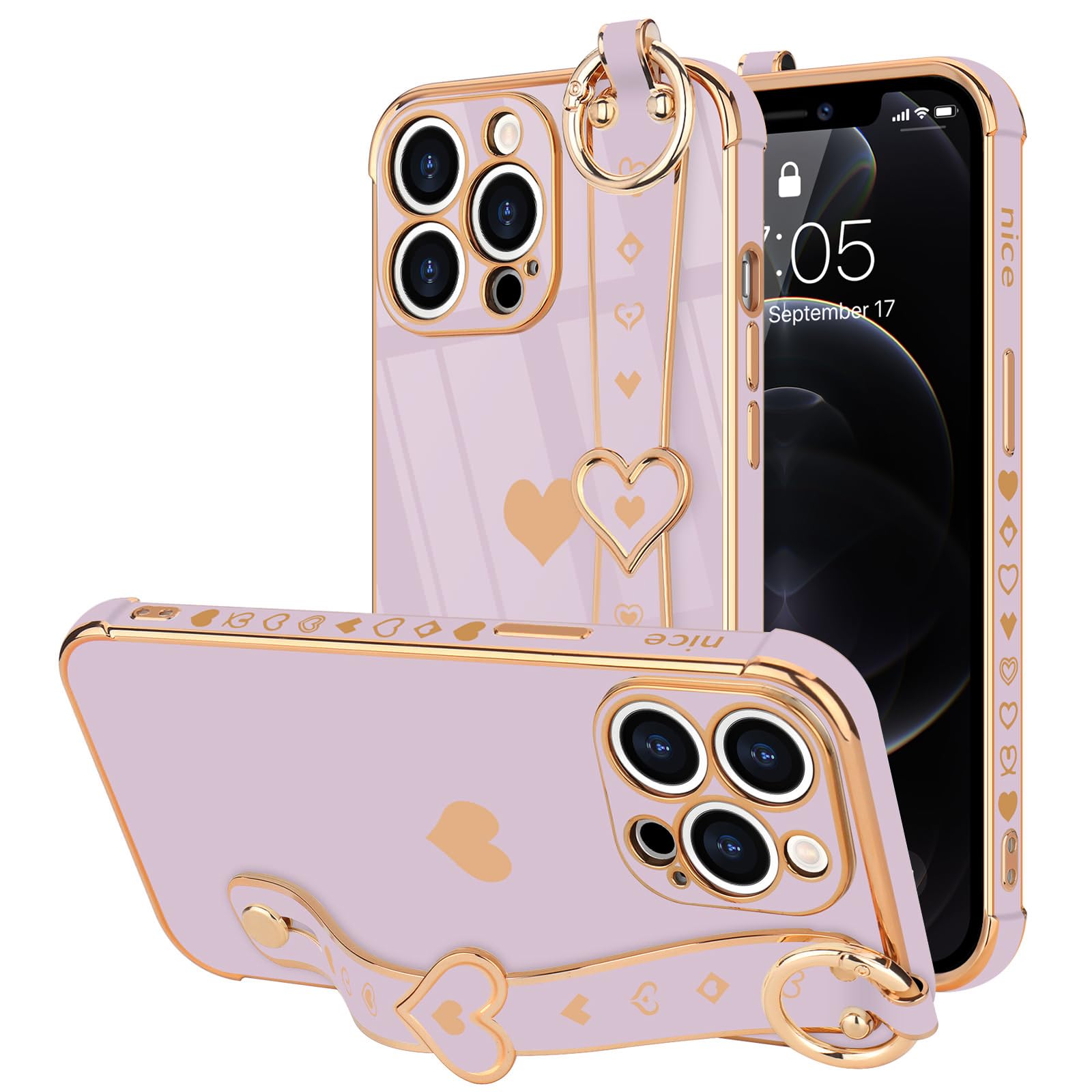 Llz.Coque For Iphone 12 Pro Max Case Cute Love Heart Plating Strap Phone Cover For Women Girls Bling Silicone Camera Lens Protec