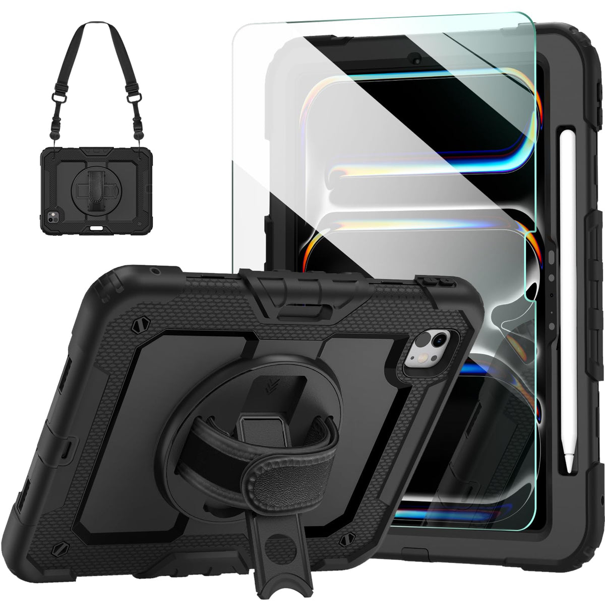 Ambison For Ipad Pro 11 Inch Case 2024(M4, 5Th Generation),With 9H Tempered Glass Screen Protector,Full-Body Heavy Duty Shockproof Protective Cover With 360° Rotate Strap Stand,Pencil Holder-Black