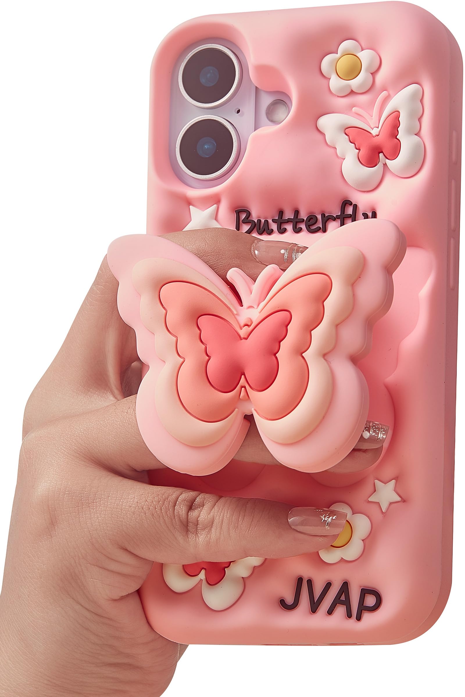 TUFTA Kawaii 3D Butterfly Phone Case for iPhone 17 (with Retractable Phone Stand & Grip) Cute Girly Cartoon Soft Silicone Phone 