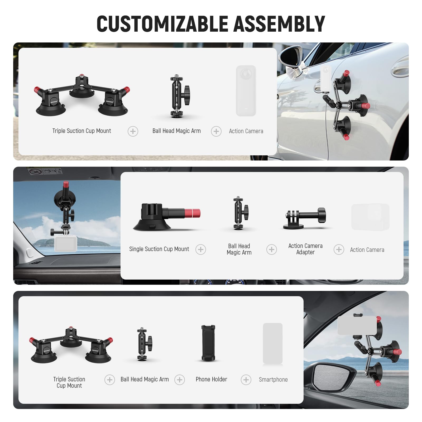 Neewer Triple Suction Cup Camera Car Mount [Simplified] With Phone Holder & Action Camera Adapter Compatible With Iphone Gopro O
