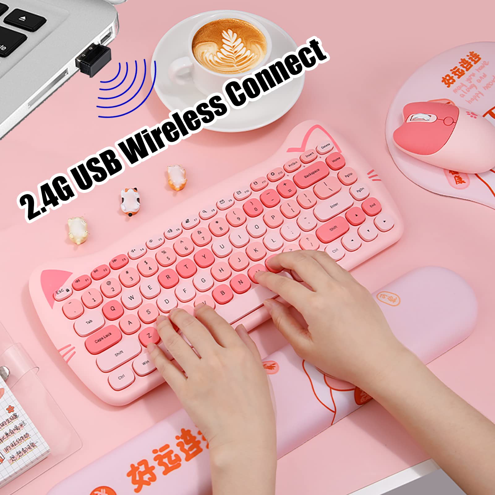Cute Cat 2.4G Usb Wireless Keyboard And Mouse Combo, Silent Keys, Candy Colors, Compatible With Notebook, Pc (Pink 84Keys)