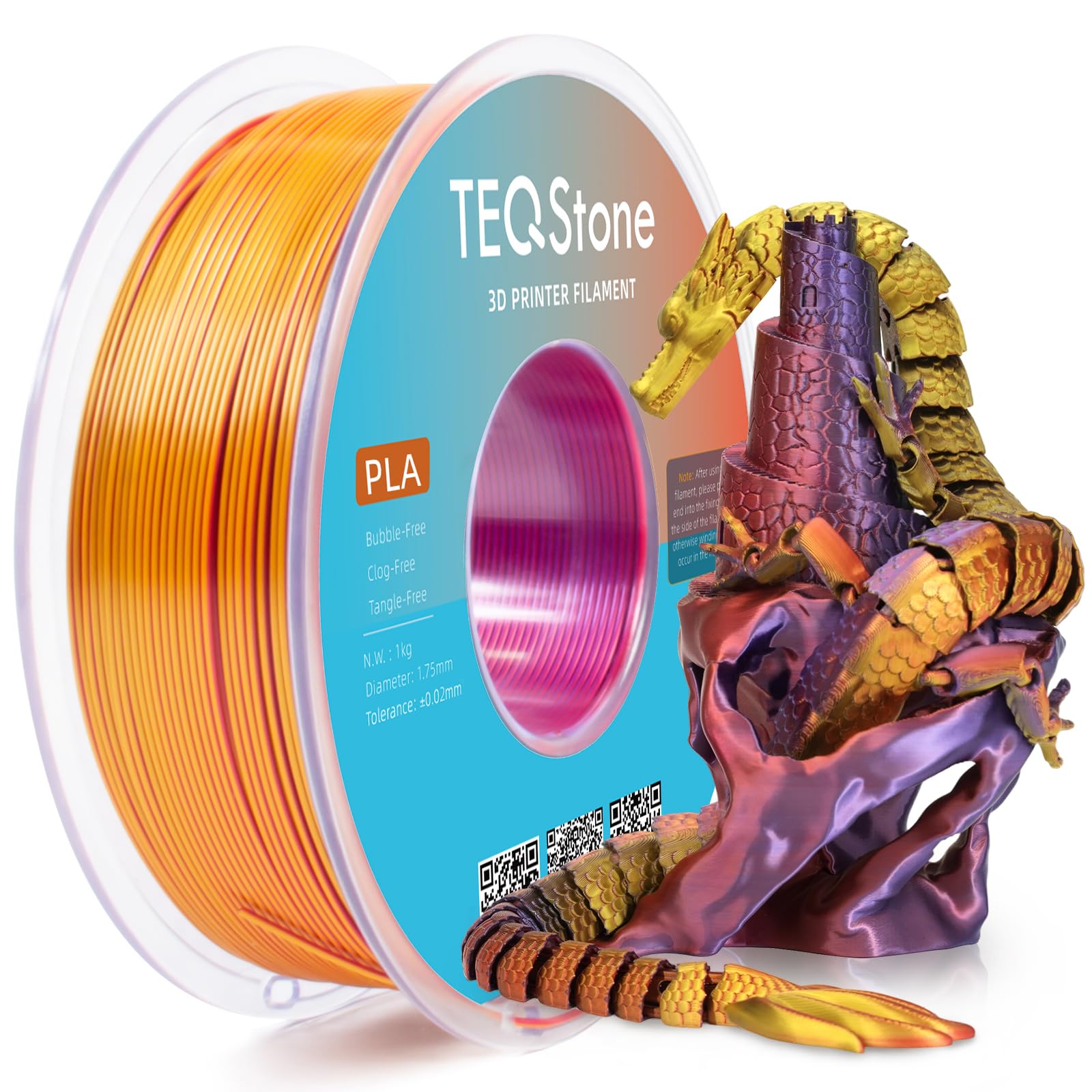 TEQStone Tri Color Silk PLA Filament 1.75mm Red Gold Purple 1KG, Shiny High Gloss Finish, Seamless Color Transition, Neatly Woun