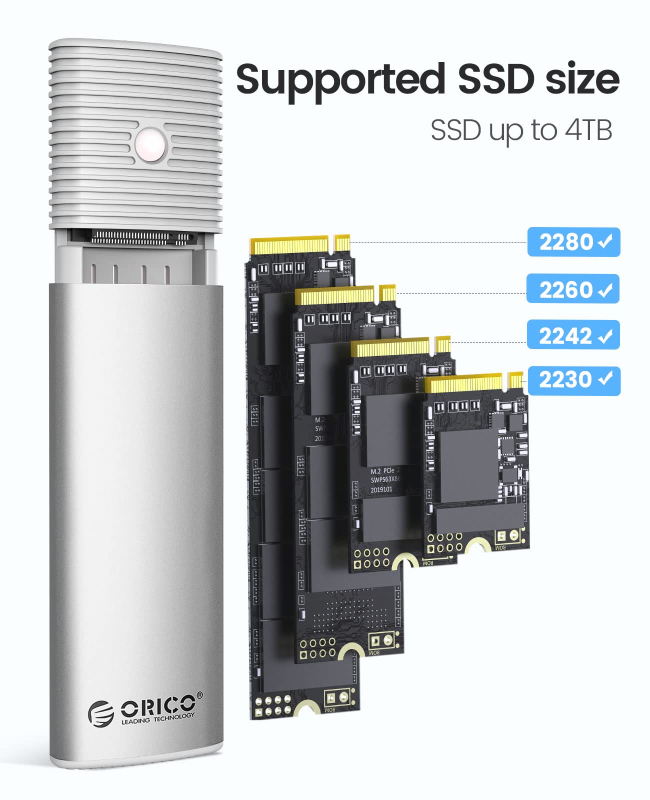 ORICO M.2 NVMe SATA SSD Enclosure Adapter Tool Free, USB C 3.2 Gen 2 10Gbps NVMe, 5Gbps NGFF SATA PCIe M Key(B+M Key) 2230/2242/2260/2280, Aluminum External M2 Reader Support UASP Trim  PWDM2 WH