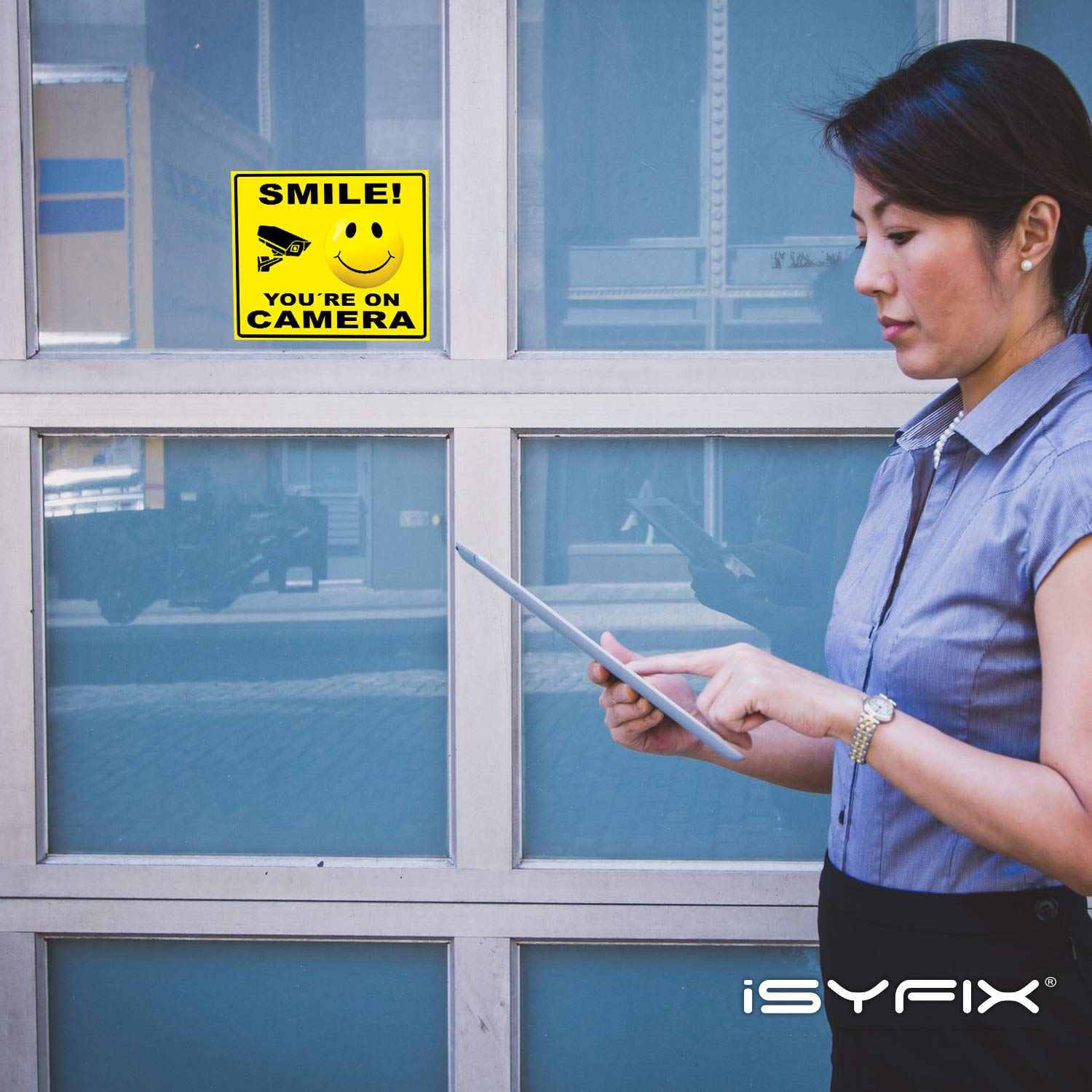 Isyfix Smile You'Re On Camera Stickers For Business   4 Pack 7X6 Inch   Self Adhesive Vinyl Decal, Laminated For Ultimate Uv Pro