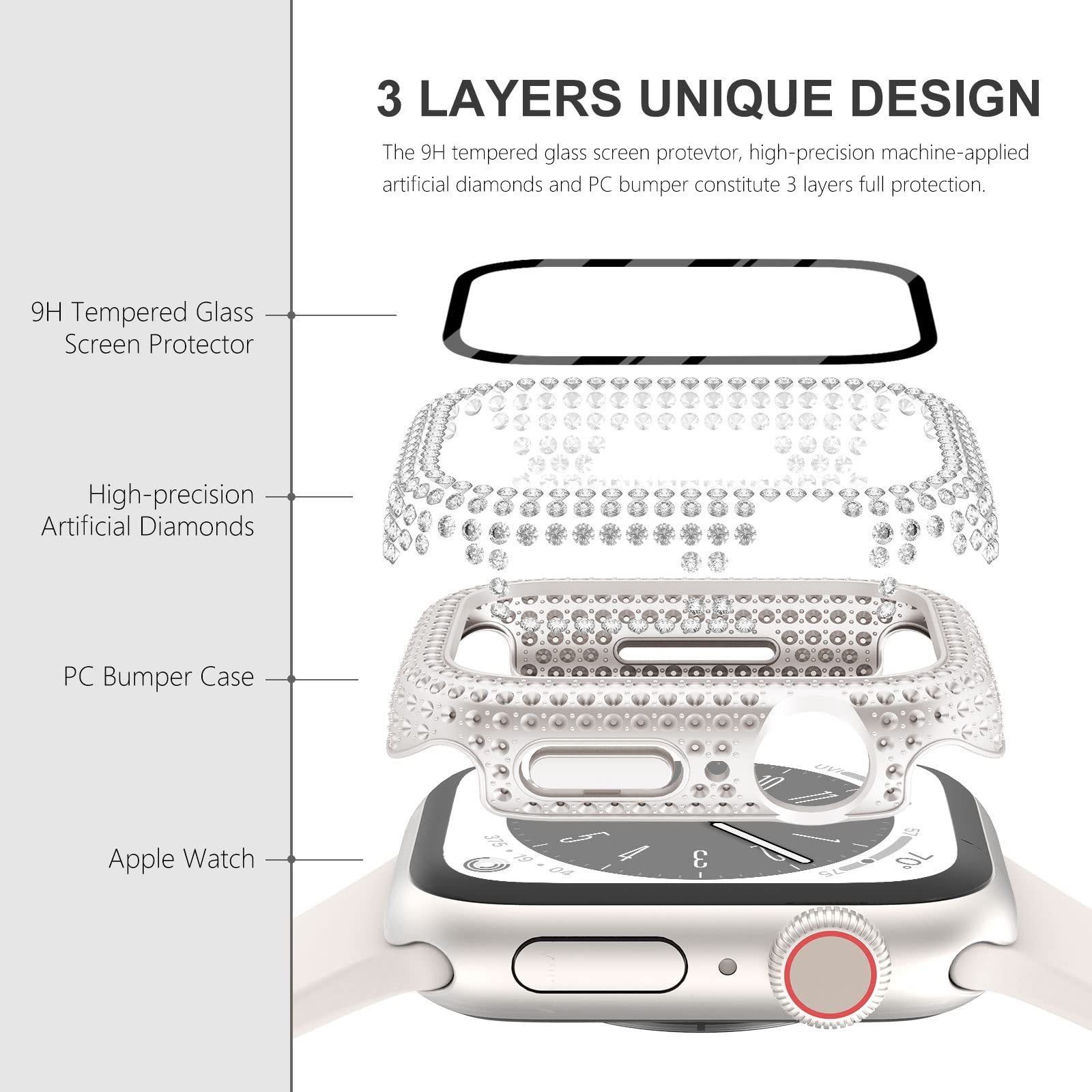 Surace 45Mm Case Compatible With Apple Watch Series 9 Series 8 Series 7, 400 Diamonds With Screen Protector Bling Case Tempered