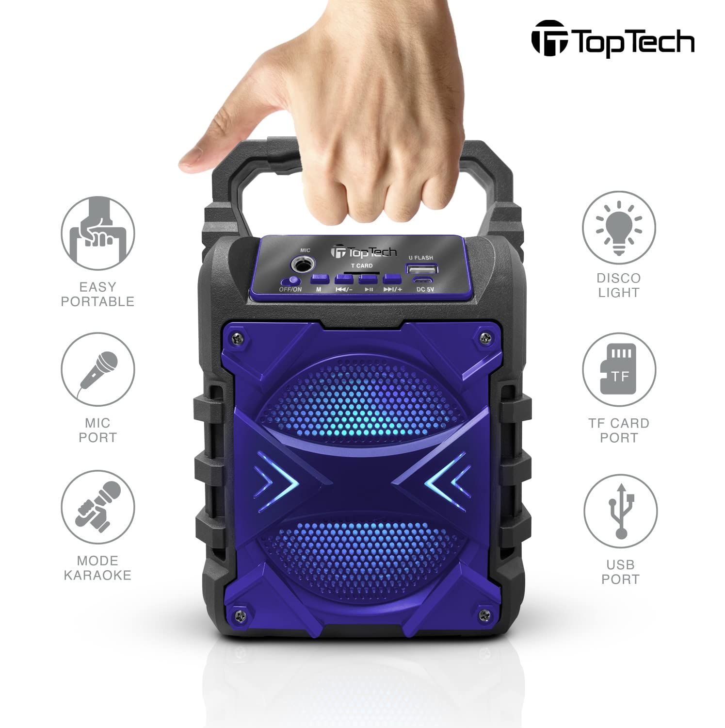 Top Tech Audio Jet 4 Bluetooth Portable Speaker, Louder Volume, Crystal Clear Stereo Sound, Rich Bass, 100 Foot Wireless Range, Microphone Input (Blue)