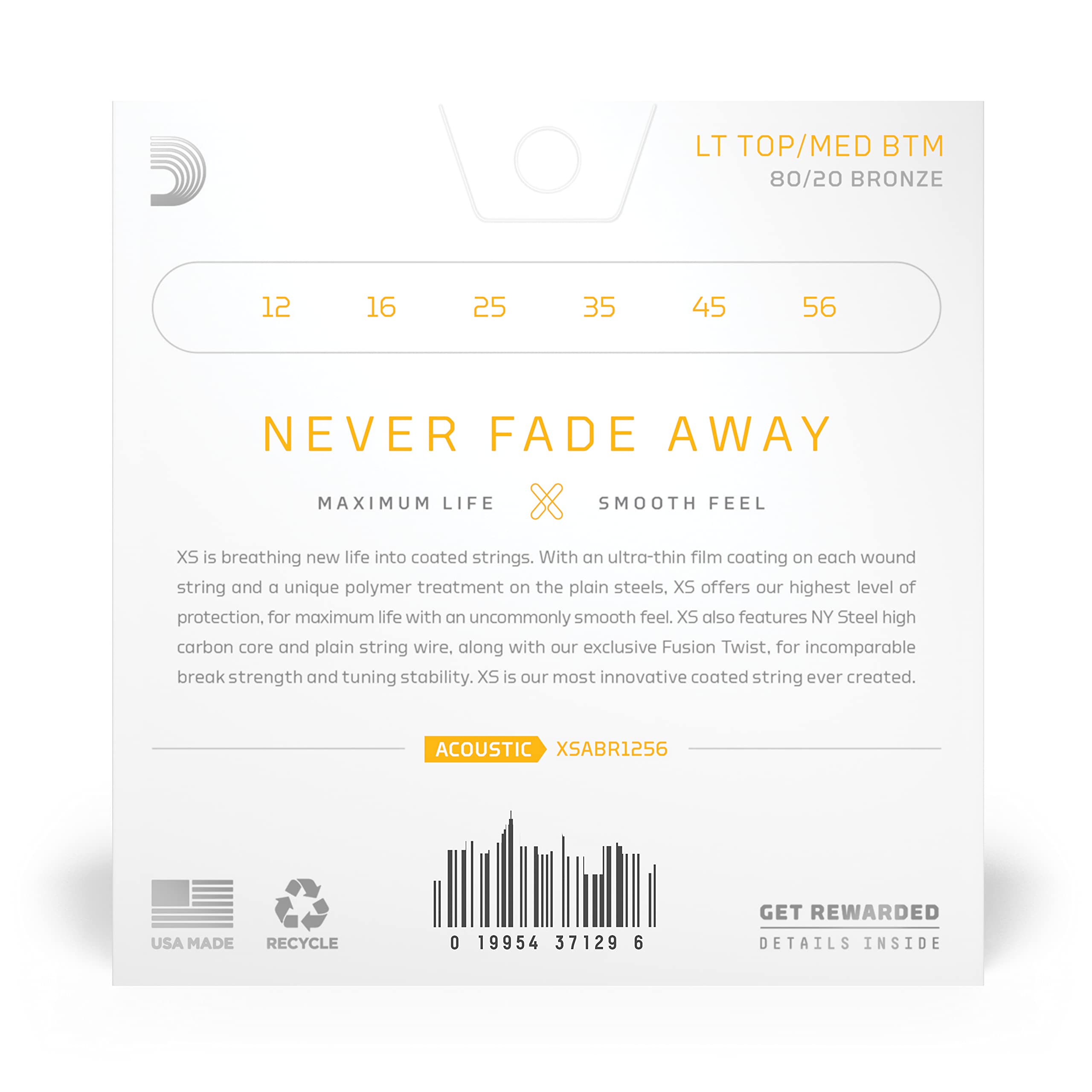 D'Addario Acoustic Guitar Strings, Xs 80/20 Bronze Coated, Xsabr1256, Light Top/Medium Bottom Gauge 12 56, 6 String Set, Pack Of