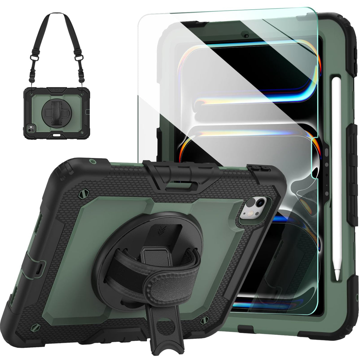 Ambison For Ipad Pro 11 Inch Case 2024(M4, 5Th Generation),With 9H Tempered Glass Screen Protector,Full-Body Heavy Duty Shockproof Protective Cover With 360° Rotate Strap Stand,Pencil Holder-Green