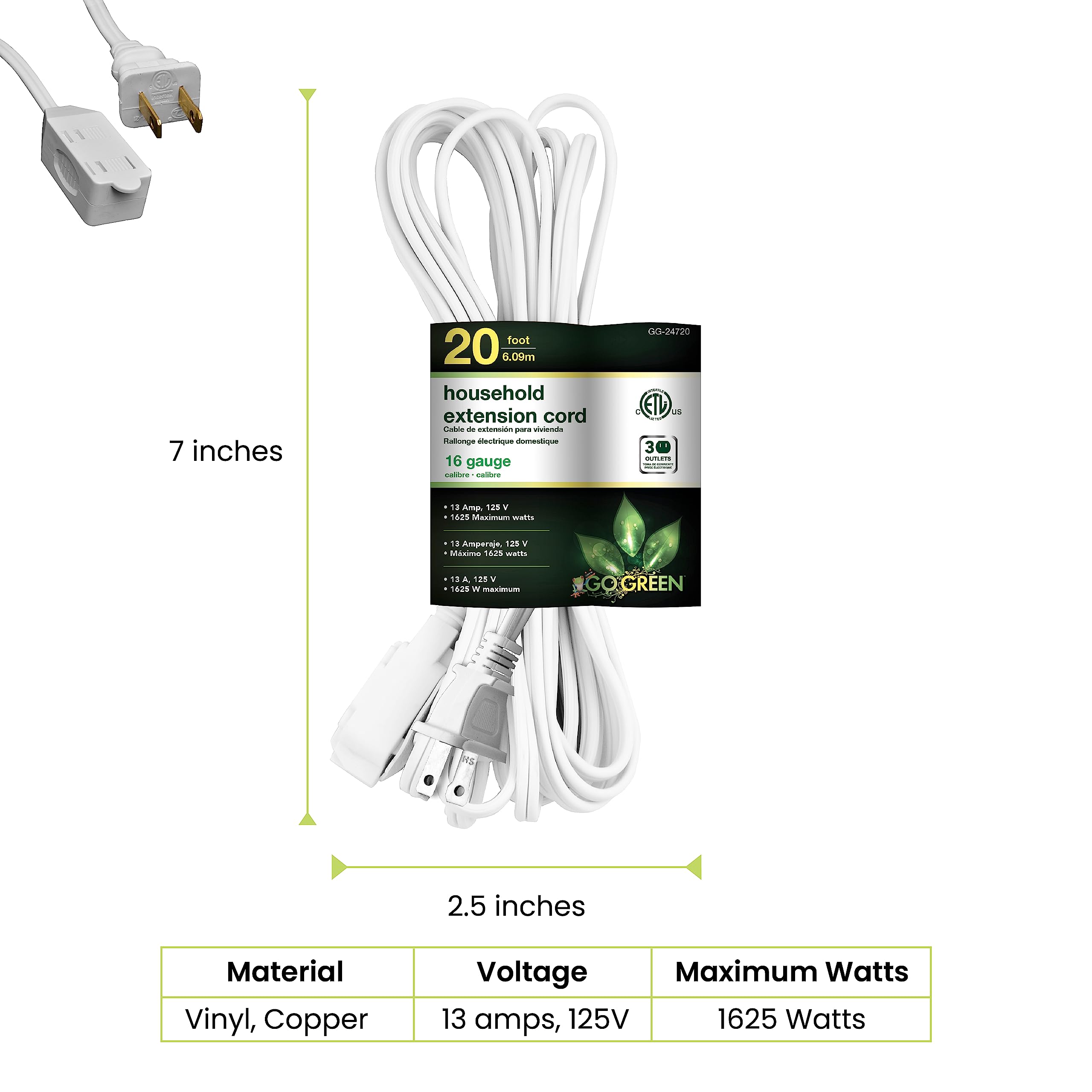 Go Green Power Inc. 20Ft Household Extension Cord, White, 3 Outlets, 16/2, Indoor Use Only   Safe, Reliable, And Child Safe Cove