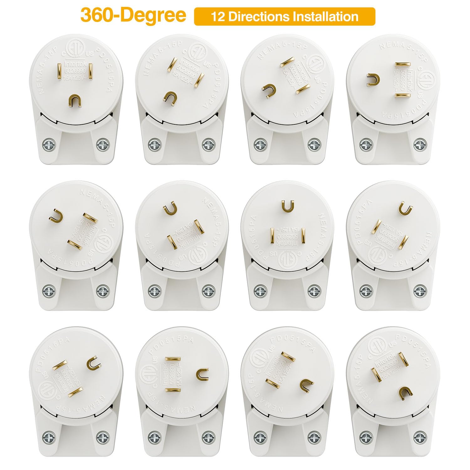 Plugrand 12 Direction Adjustable Nema 5 15P Right Angle Plug   15A, 125V, White, Etl Verified