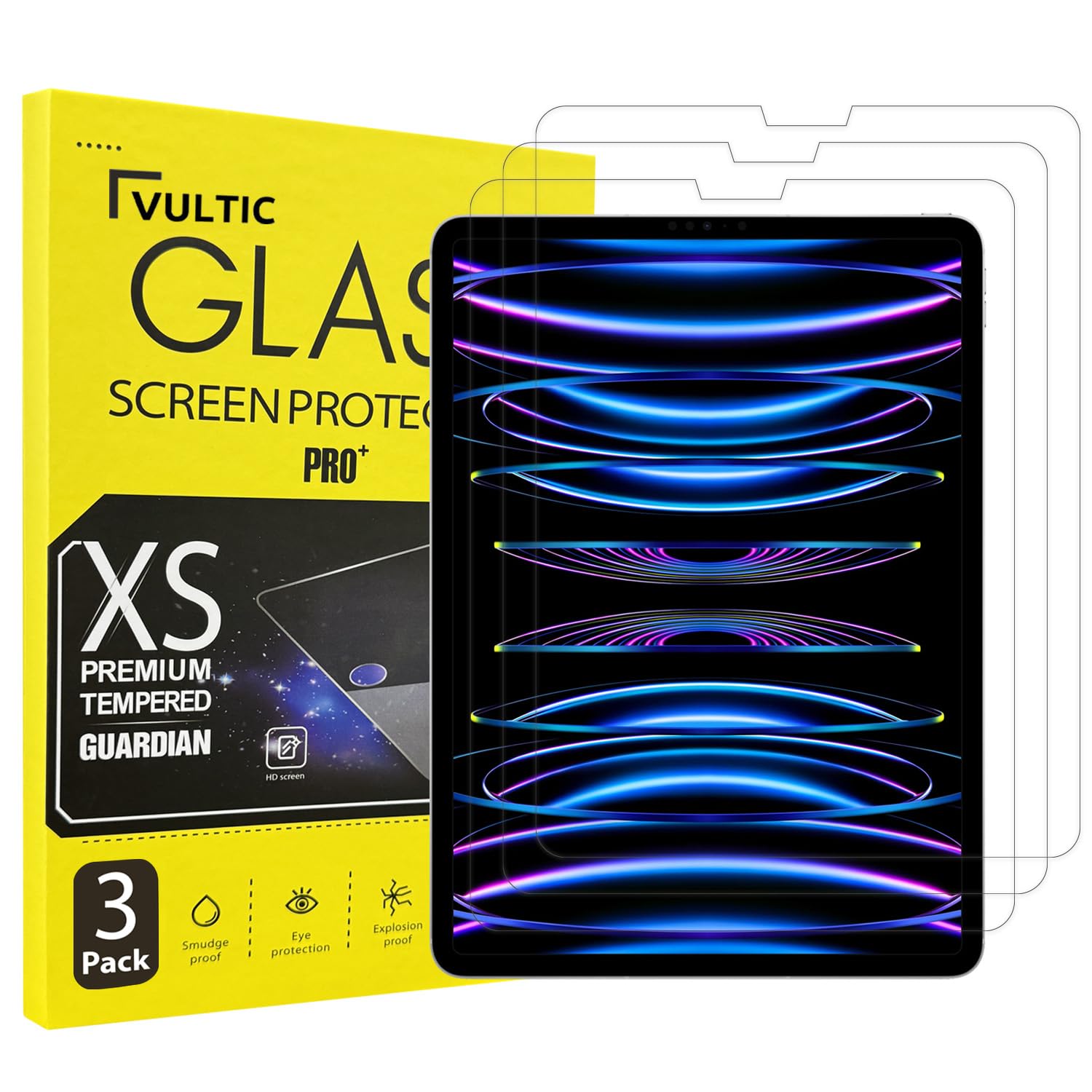 Vultic Screen Protector [3 Pack] For Ipad Pro 12.9 Inch (3Rd/4Th/5Th/6Th Gen 2018/2020/2021/2022), Tempered Glass Film Cover