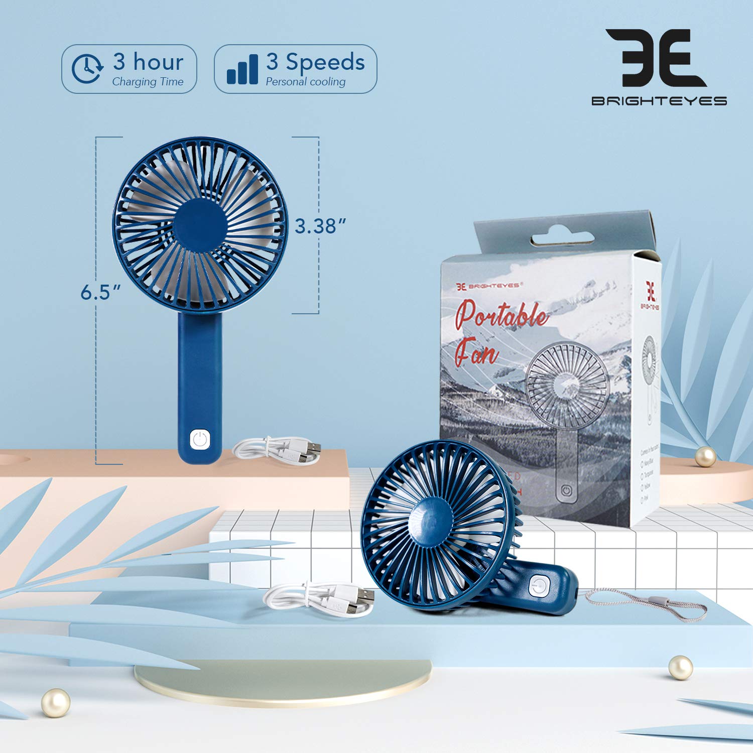 Bright Eyes | Handheld Fan With Pivoting Adjustable Handle | 2 Pack | Great For Hot Flashes | Micro Usb Rechargeable (Turquoise)
