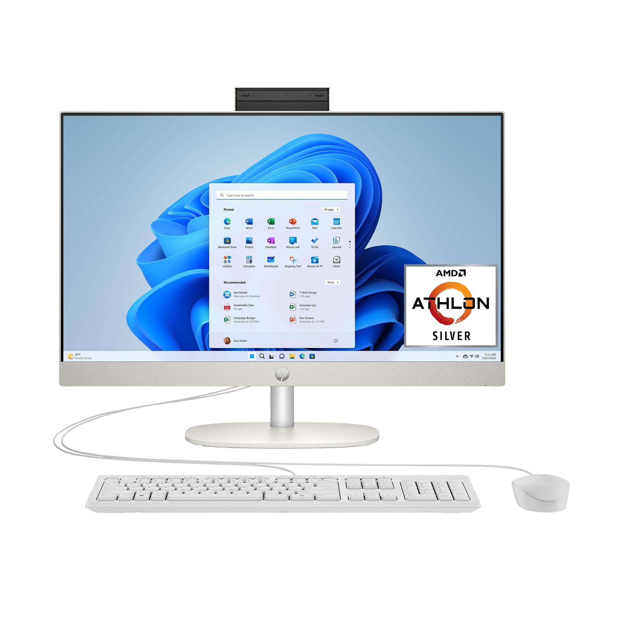 HP 23.8 inch All-in-One Desktop PC, FHD Display, AMD Athlon Silver 7120U, 8 GB RAM, 256 GB SSD, AMD Radeon Graphics, Windows 11