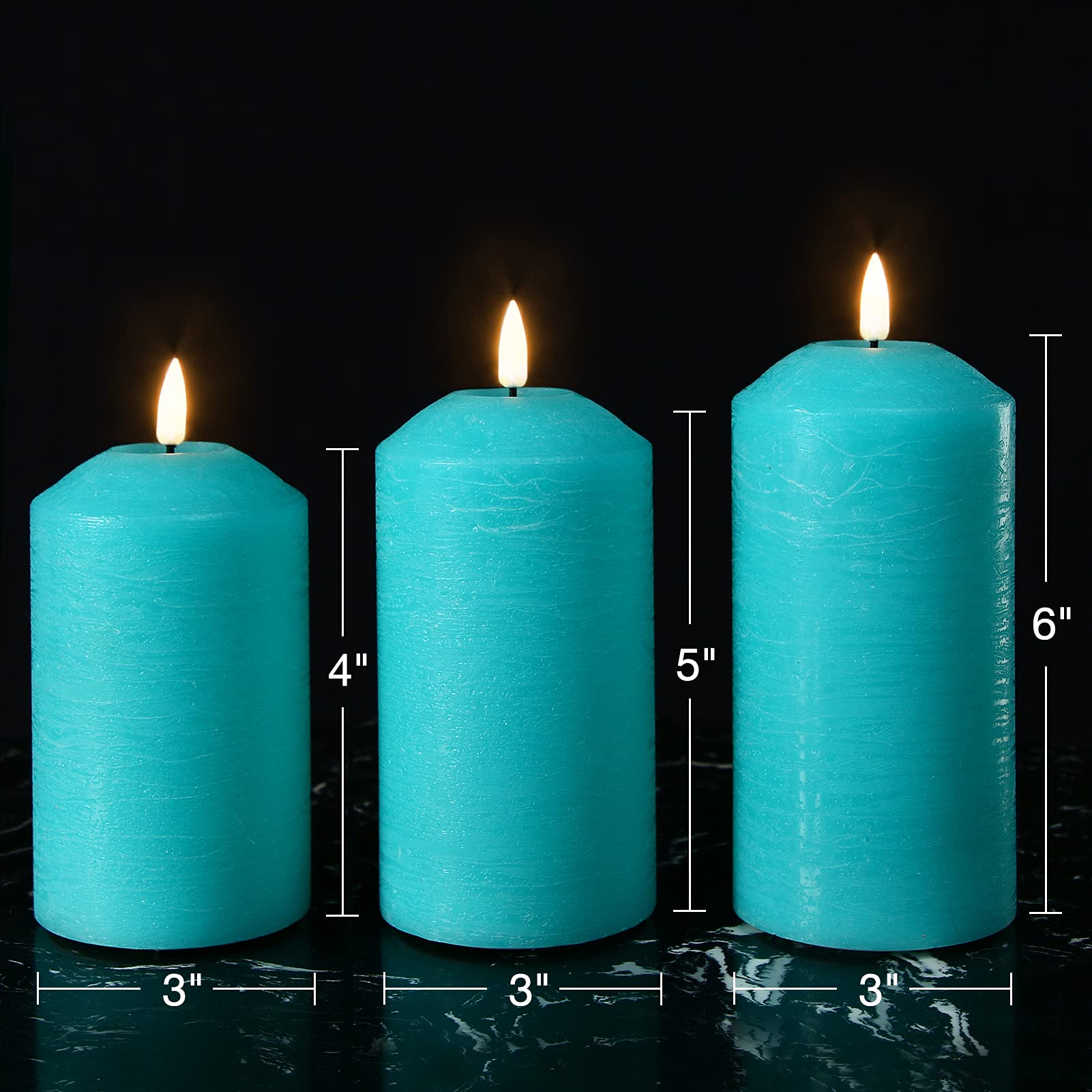 Eywamage Turquoise Blue Flameless Pillar Candles With Remote, Flickering Cone Top Led Wax Battery Candles Set Of 3