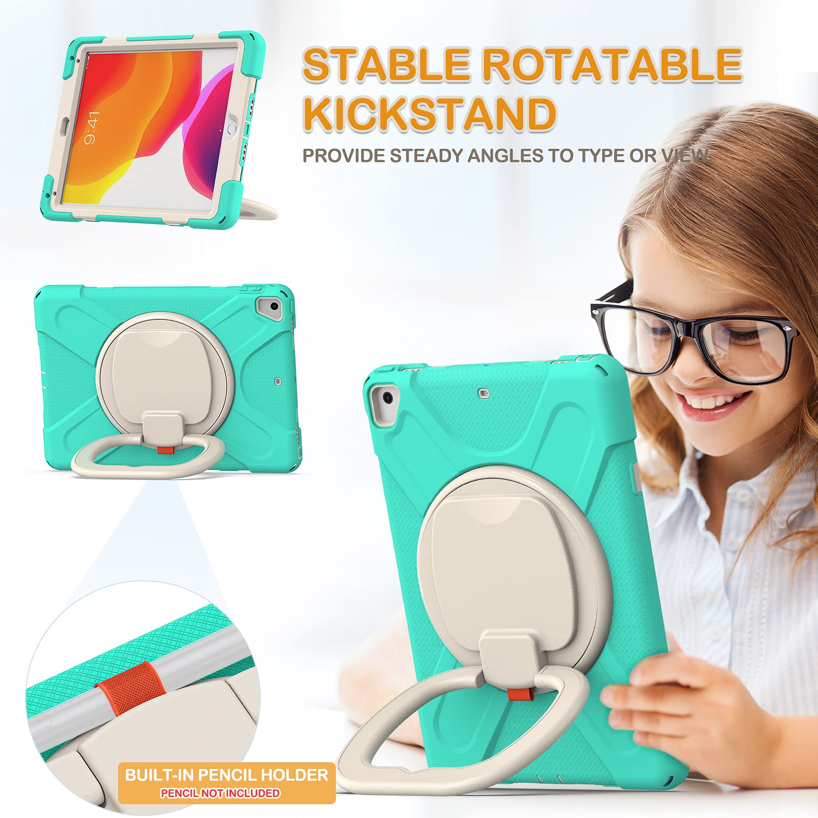 Braecn Silicone Case For Ipad 6Th/5Th Generation, Full Body Protective Case With 360 Rotating&180  Folding Hand Grip,Pencil Hold