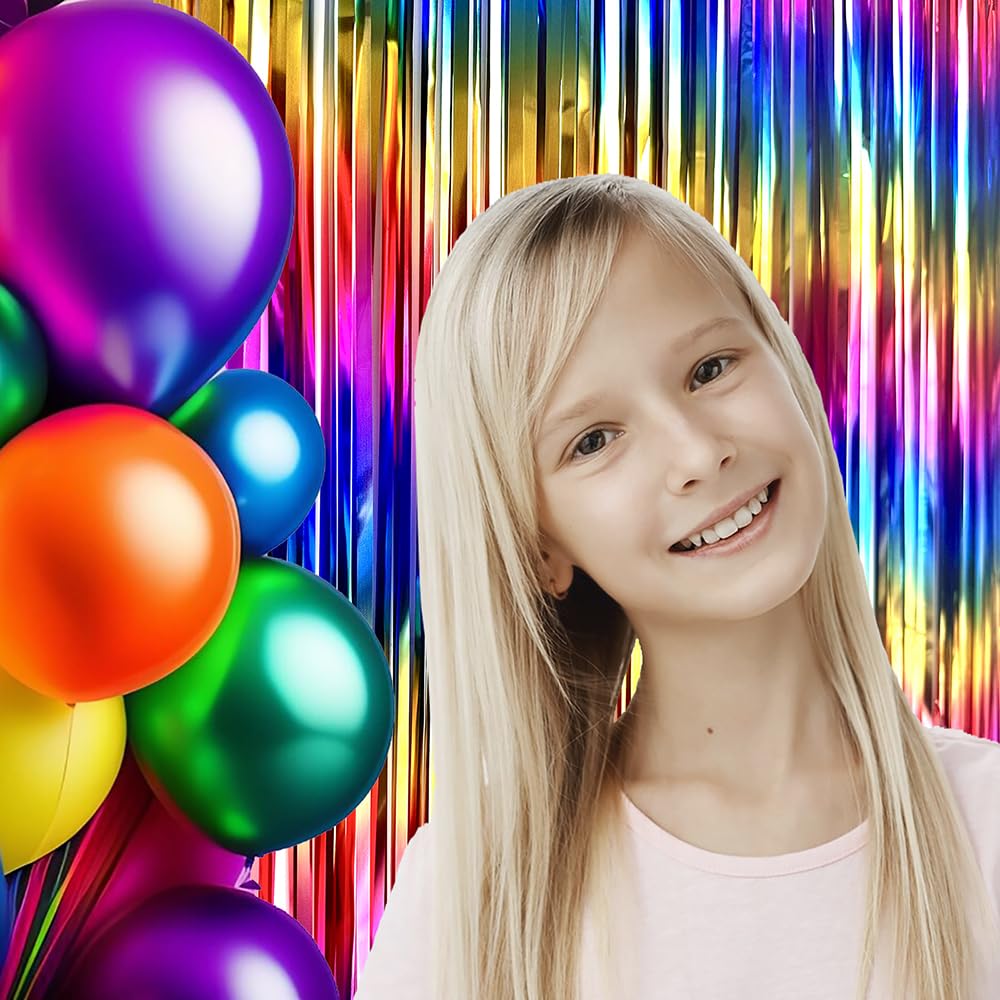 Sparkly Rainbow Foil Fringe Curtain Metallic Streamers Tinsel Party Backdrop Decorations For Birthday Gay Pride Day Graduation W