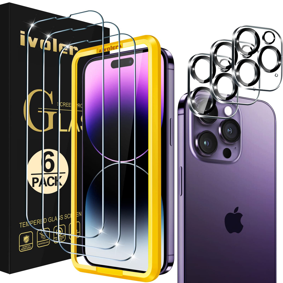 Ivoler 3+3 Pack Tempered Glass For Iphone 14 Pro Max Screen Protector 6.7'' [3 Pack] With [3 Pack] Camera Lens Protector With [A